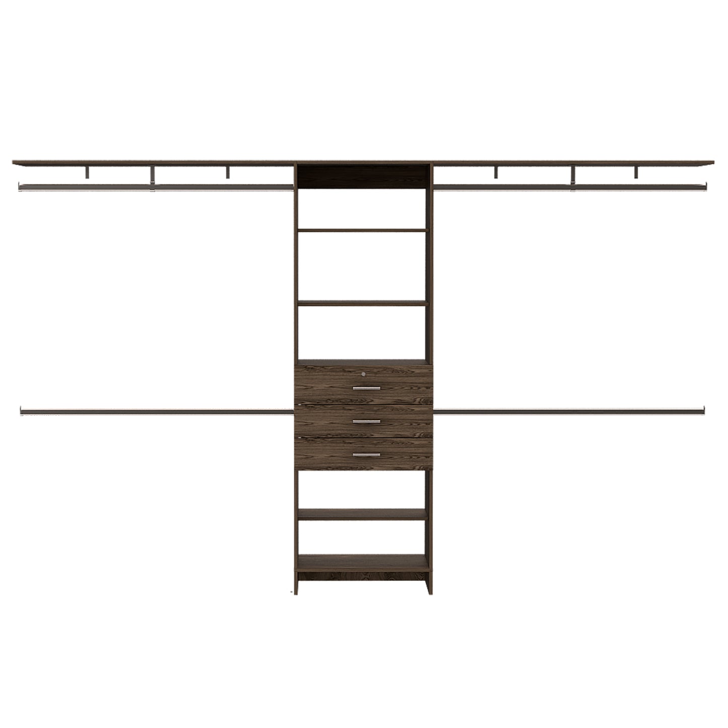 Dark wood closet system with five drawers and multiple shelves