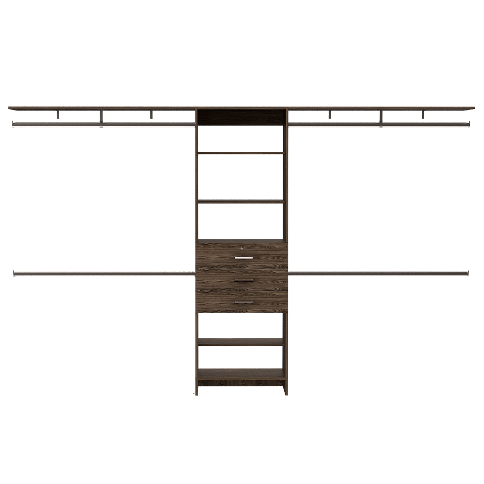 Dark wood closet system with five drawers and multiple shelves