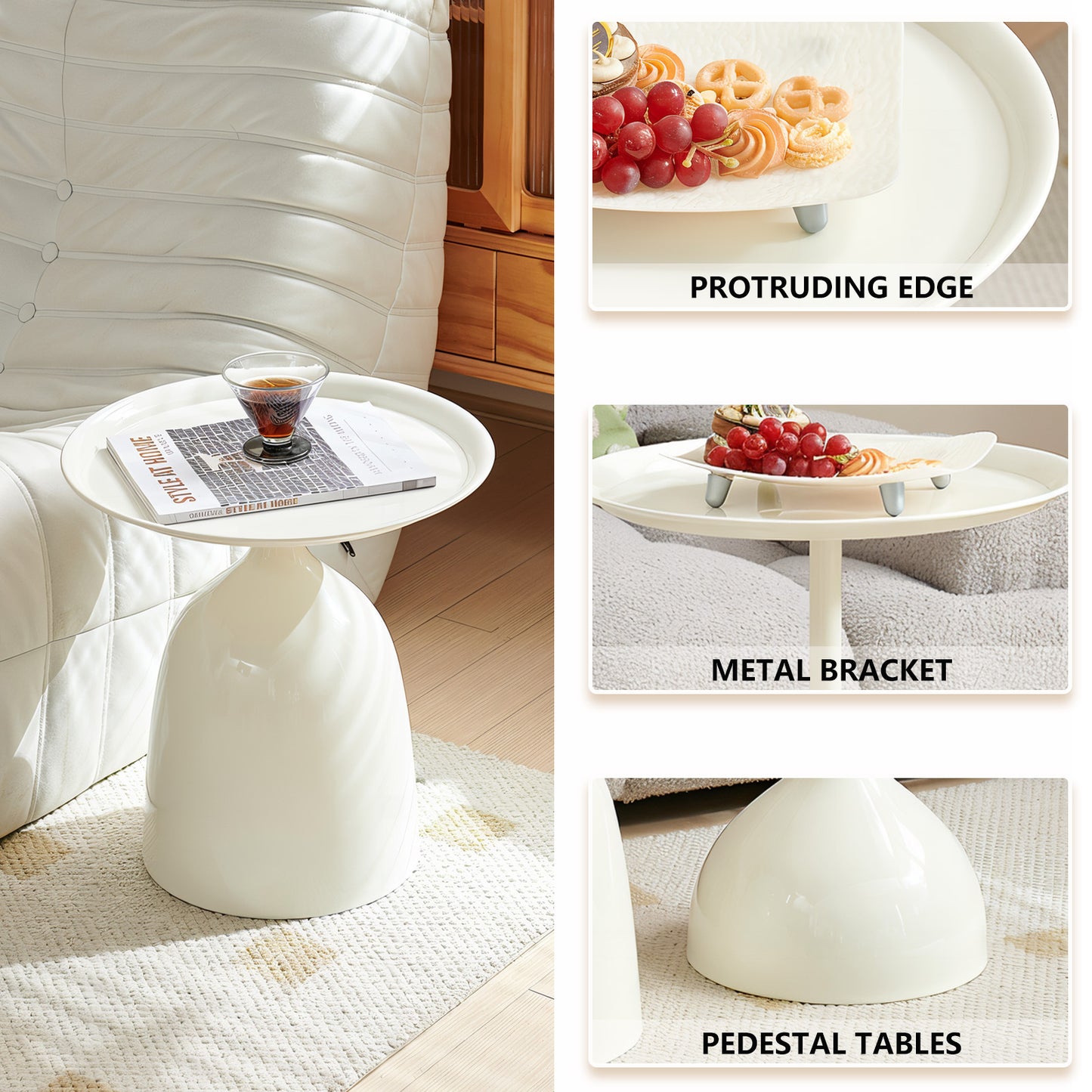 Modern white side table with tray top holding a drink and book