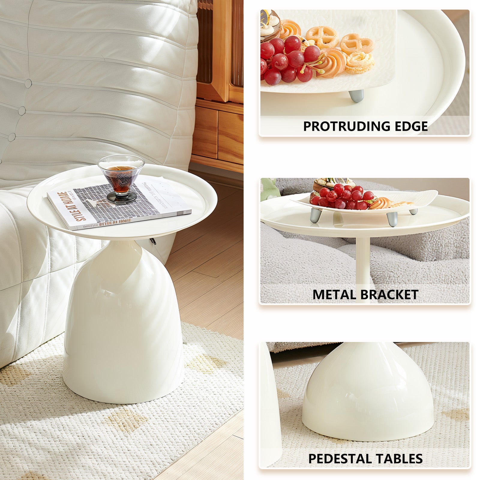 Modern white side table with tray top holding a drink and book