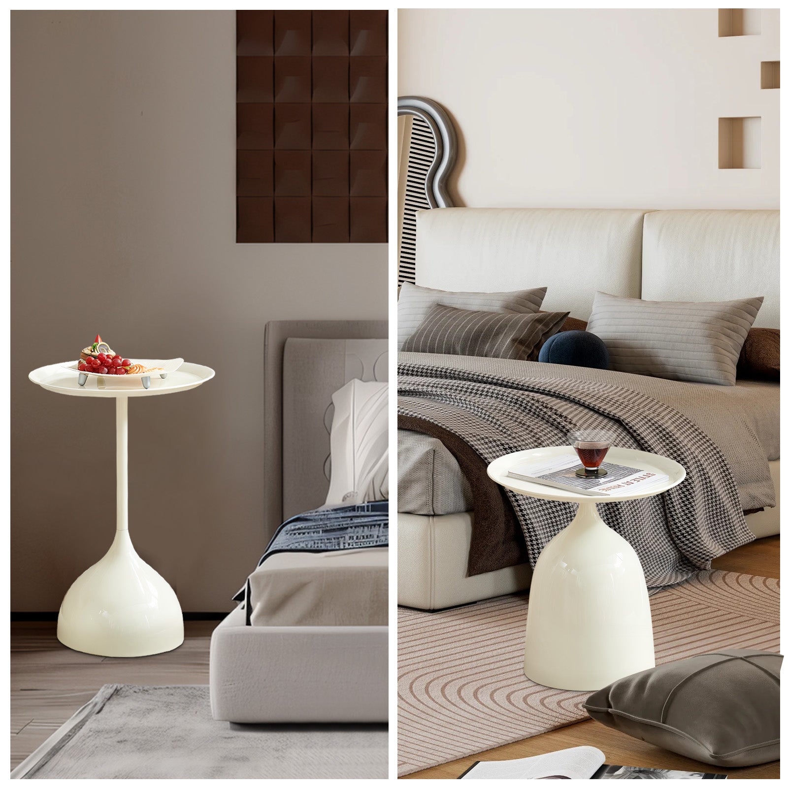 White contemporary accent table with a sculptural base beside a bed