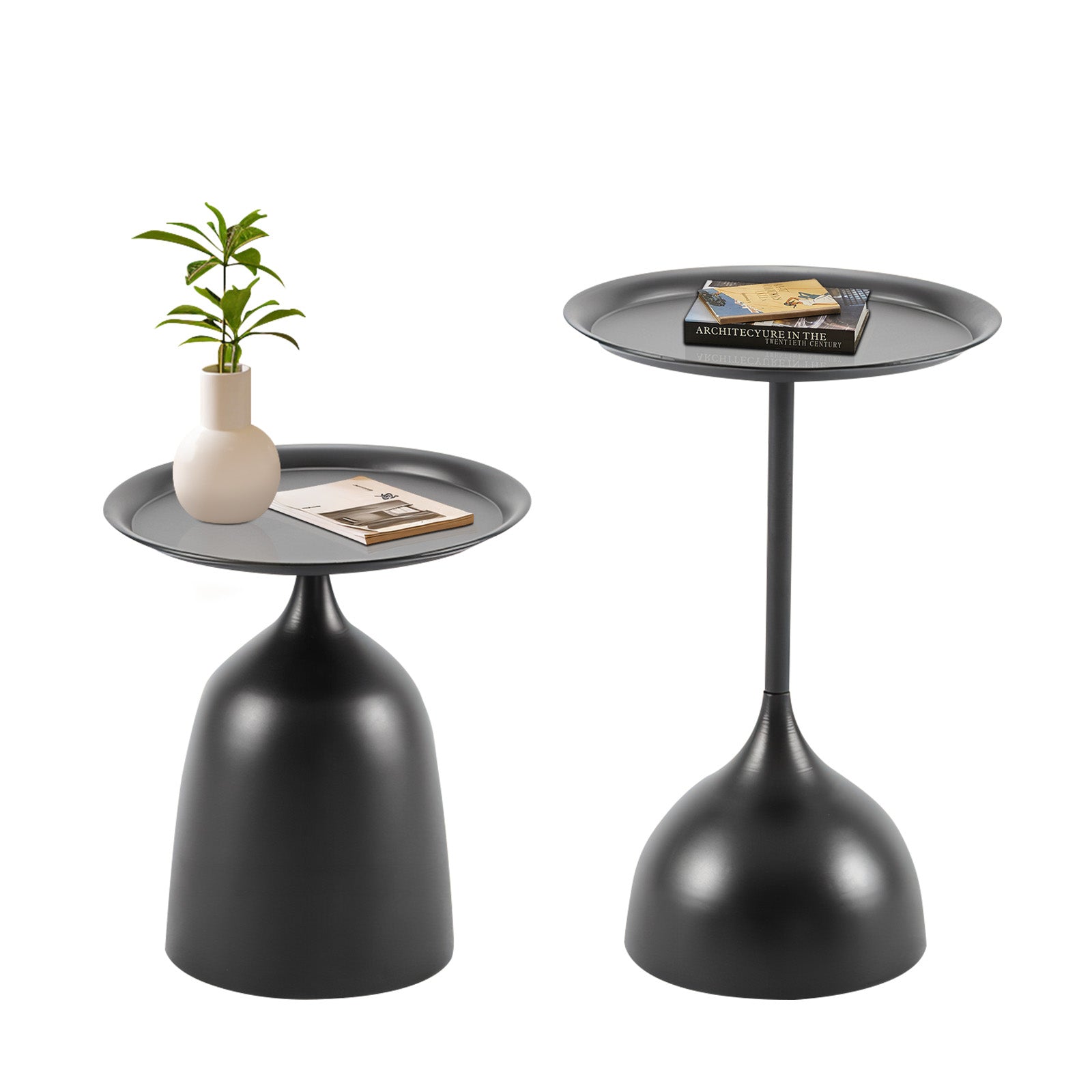 Sleek black metal side table with a round gray tray top holding a book