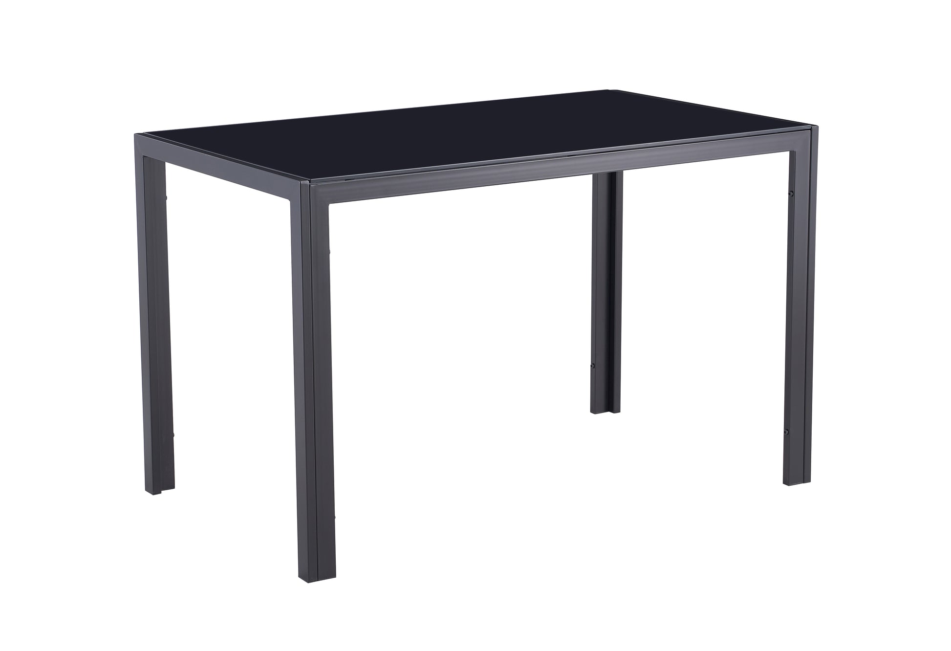 Modern black glass dining table with dark metal frame