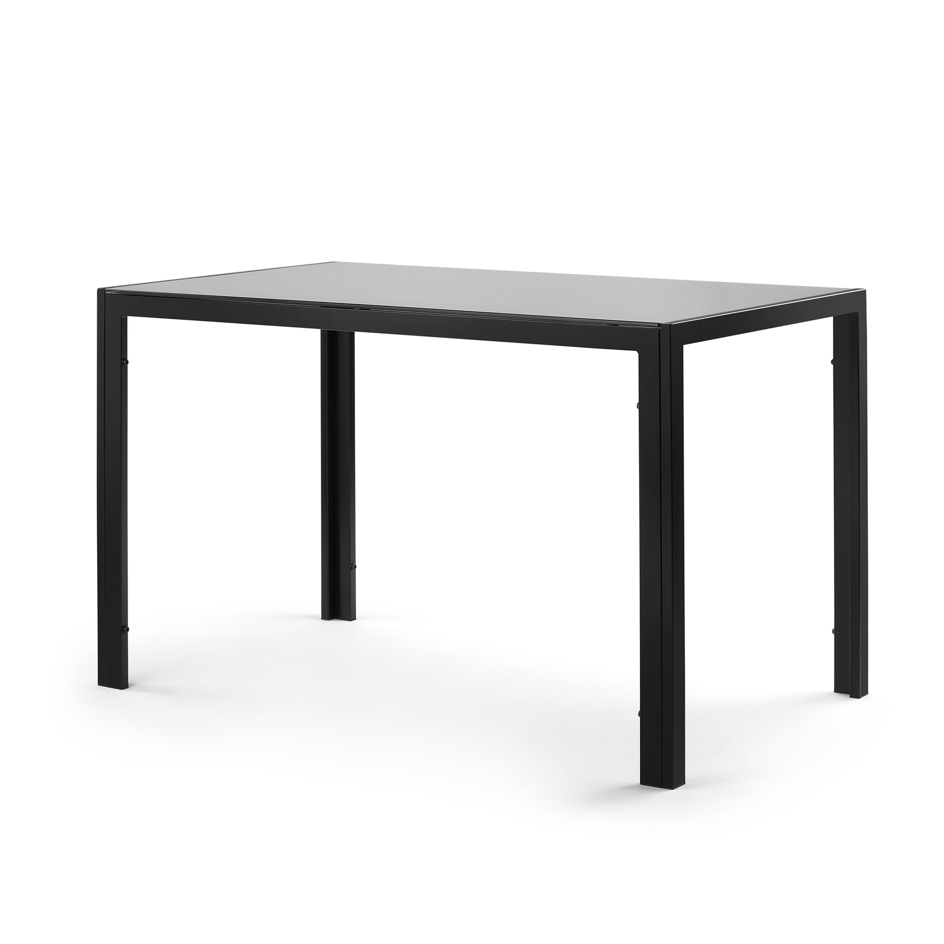 Sleek black metal frame dining table with a glass top