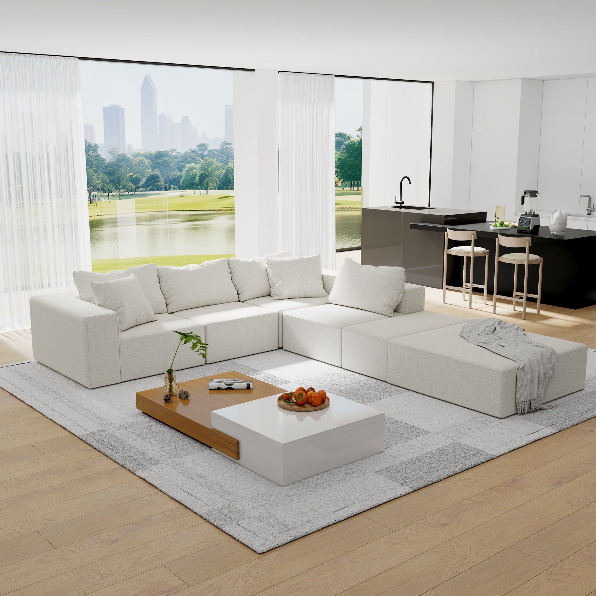 Plush modular sectional sofa in cream boucl fabric for spacious living rooms