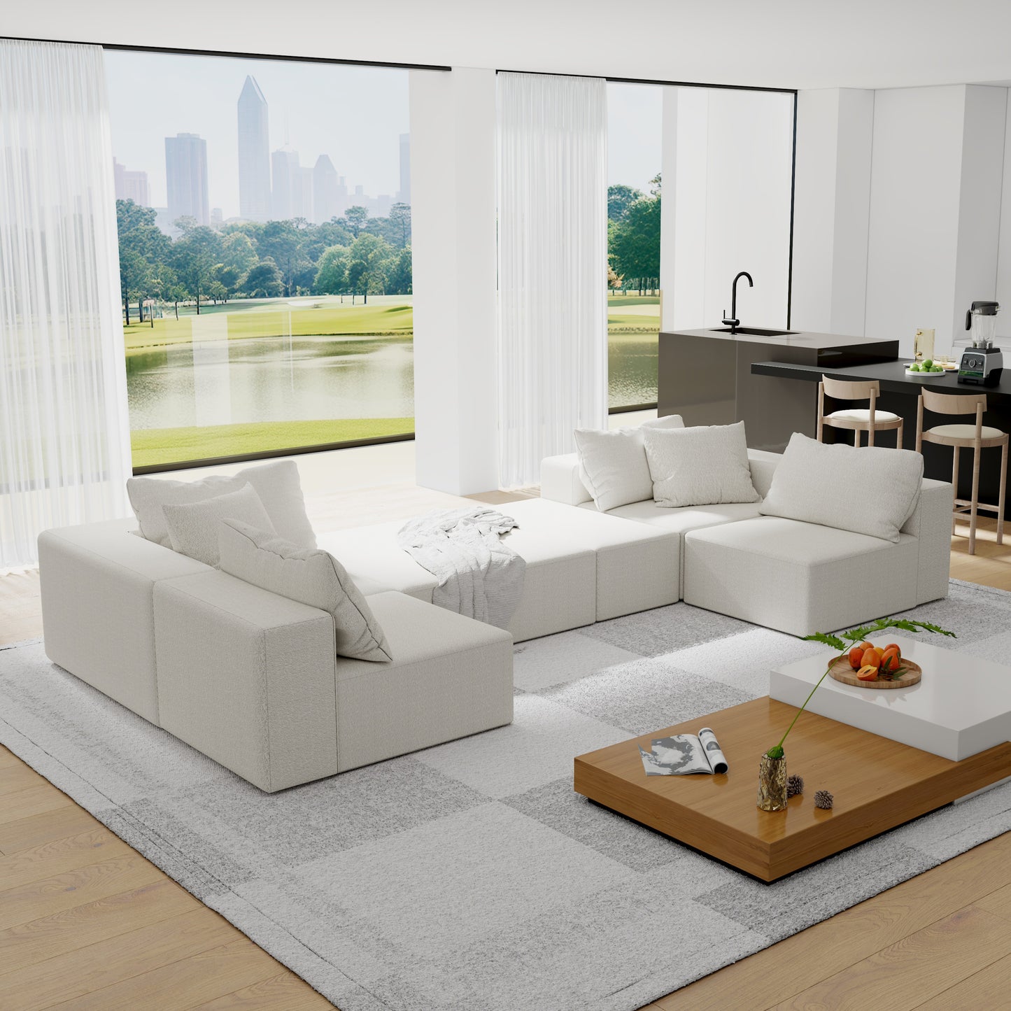Plush white sectional sofa with throw blanket modern living room centerpiece