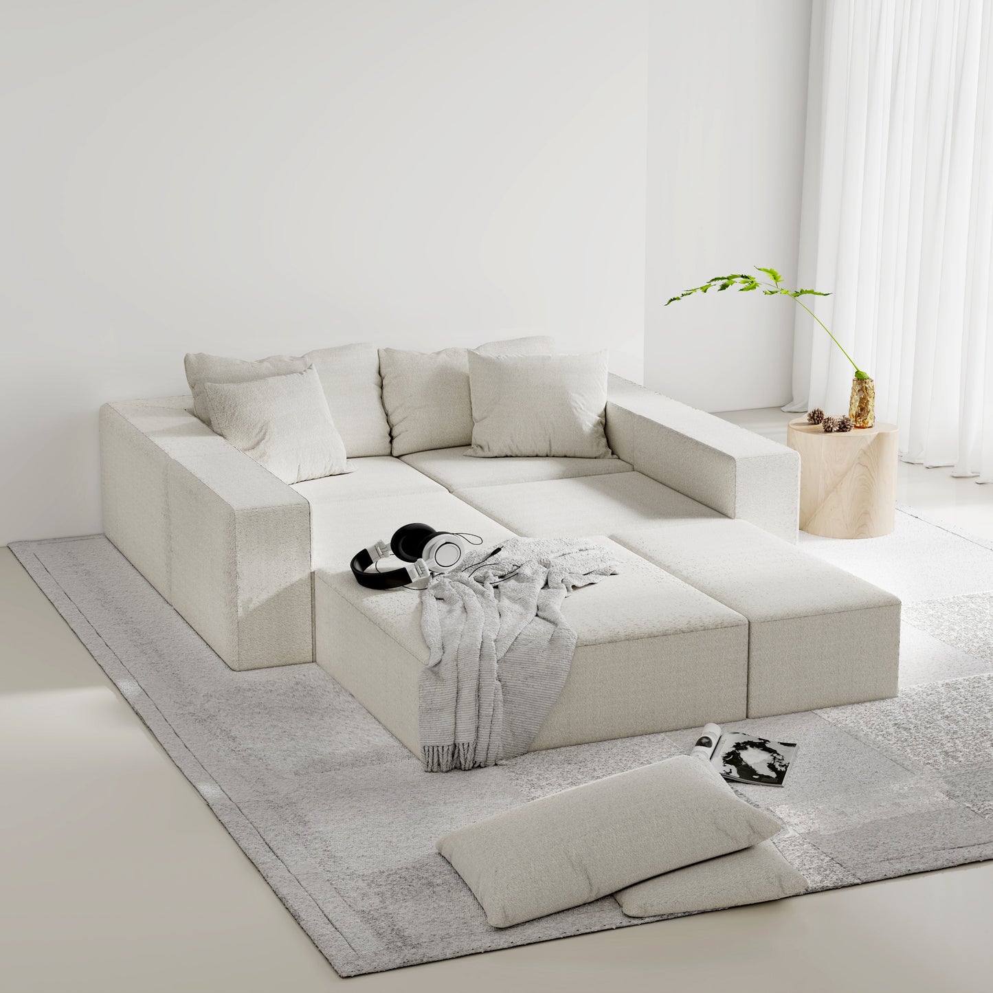 Plush cream sectional sofa with multiple large cushions and a textured finish