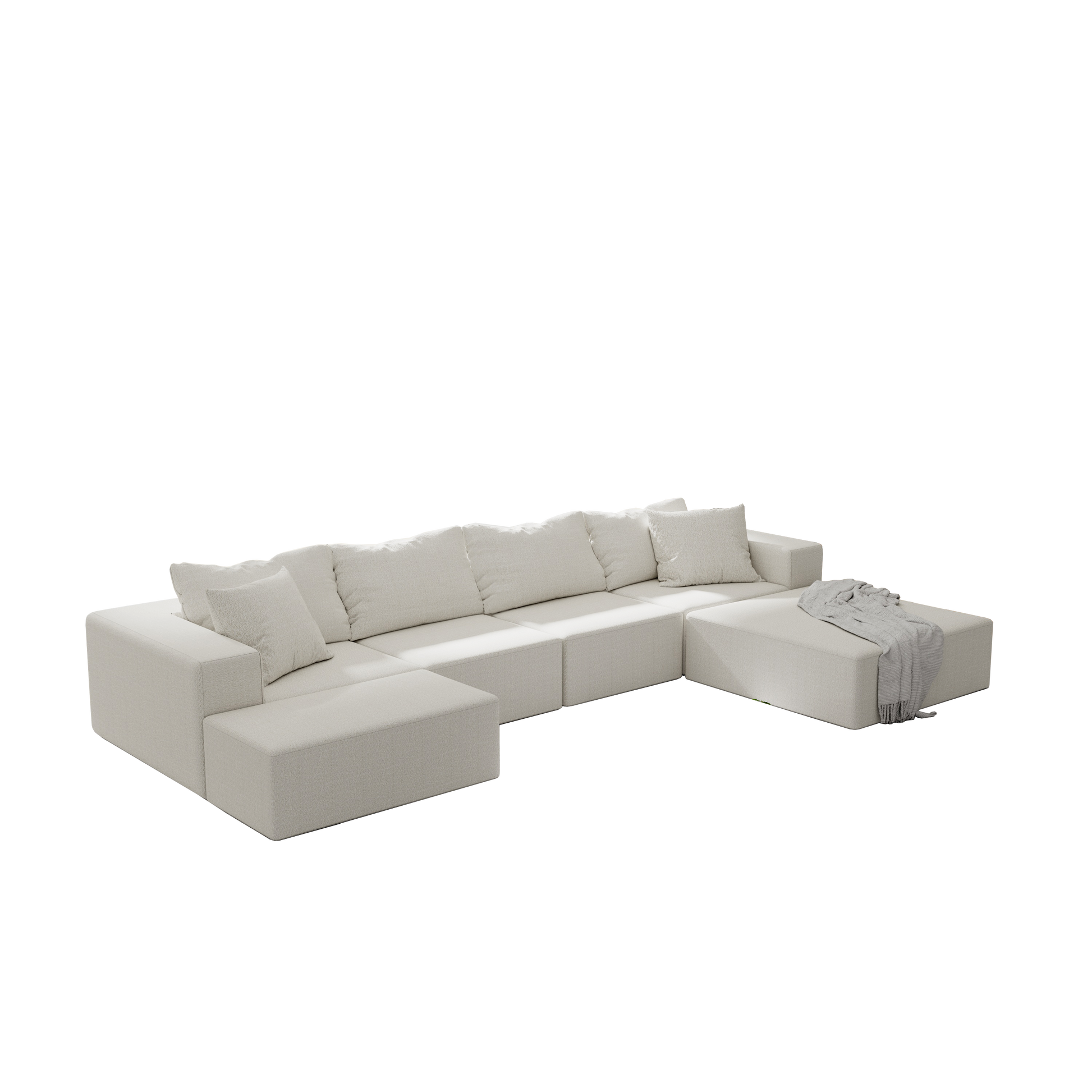 Plush ivory sectional sofa with plush boucle fabric and scatter cushions