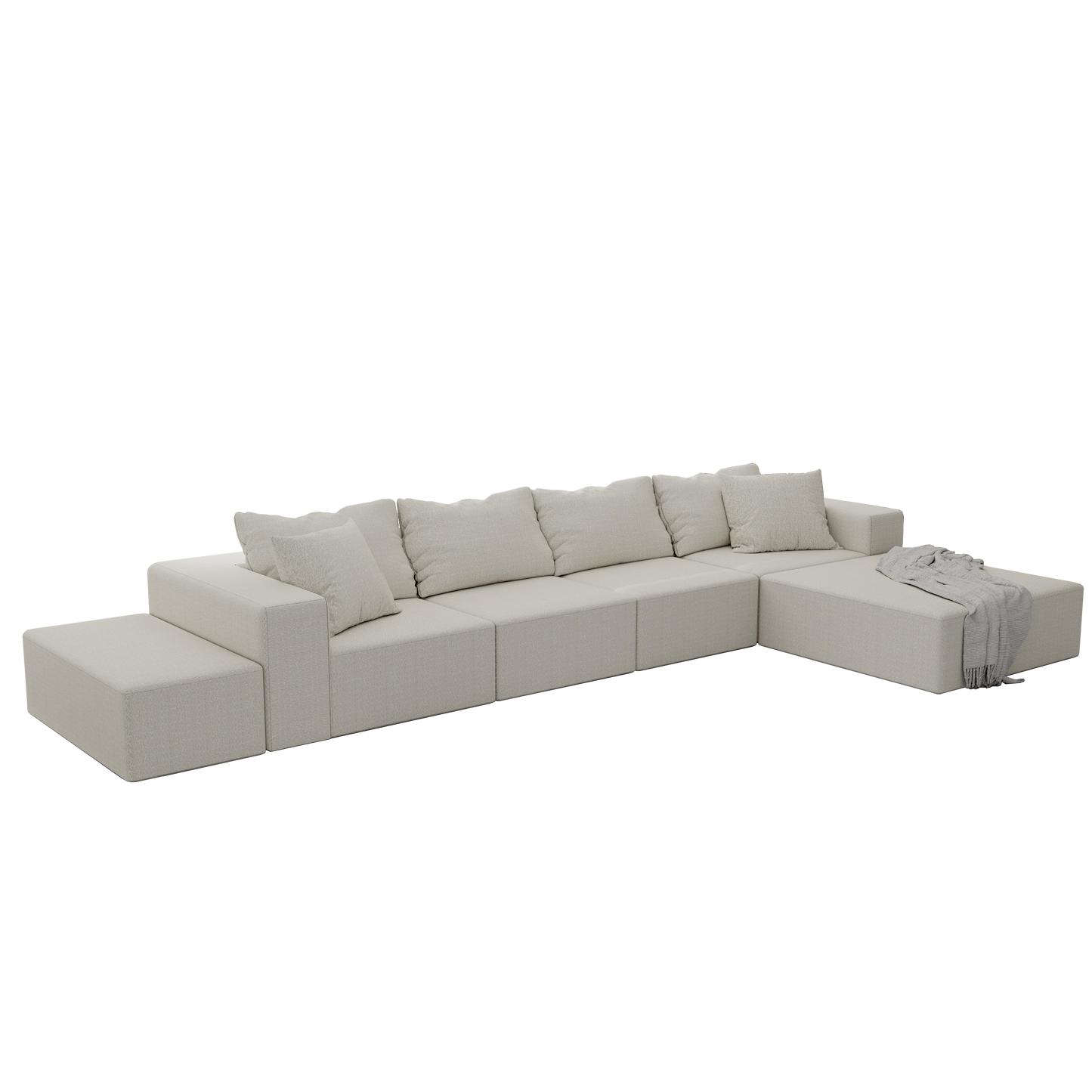 Modular sectional sofa in light beige textured fabric featuring multiple seats and an ottoman for versatile living room arrangements