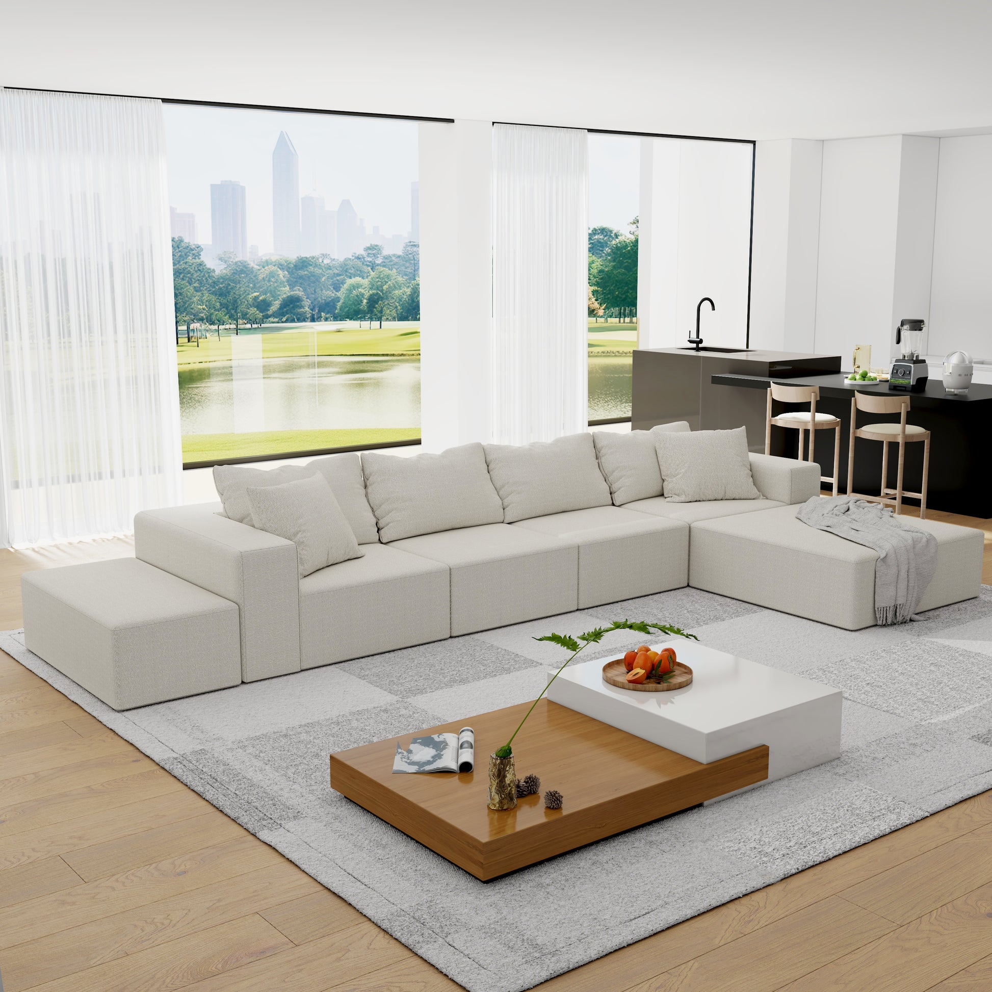 Sectional sofa in light beige fabric with plush cushions and a chaise extension perfect for modern living rooms