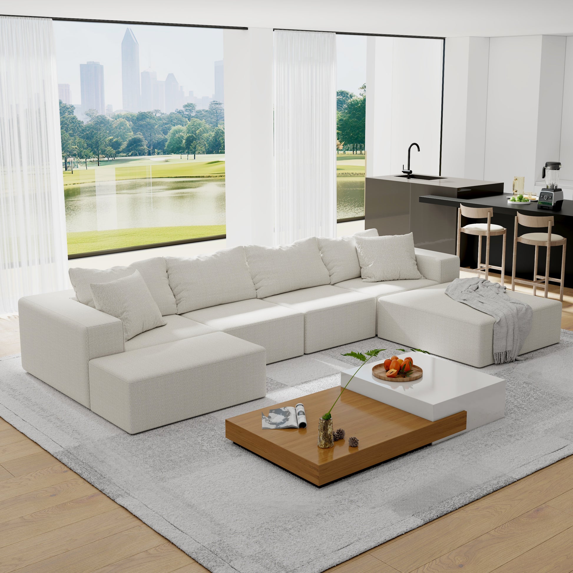 Luxurious Ushaped modular sofa in cream boucle fabric for spacious living areas