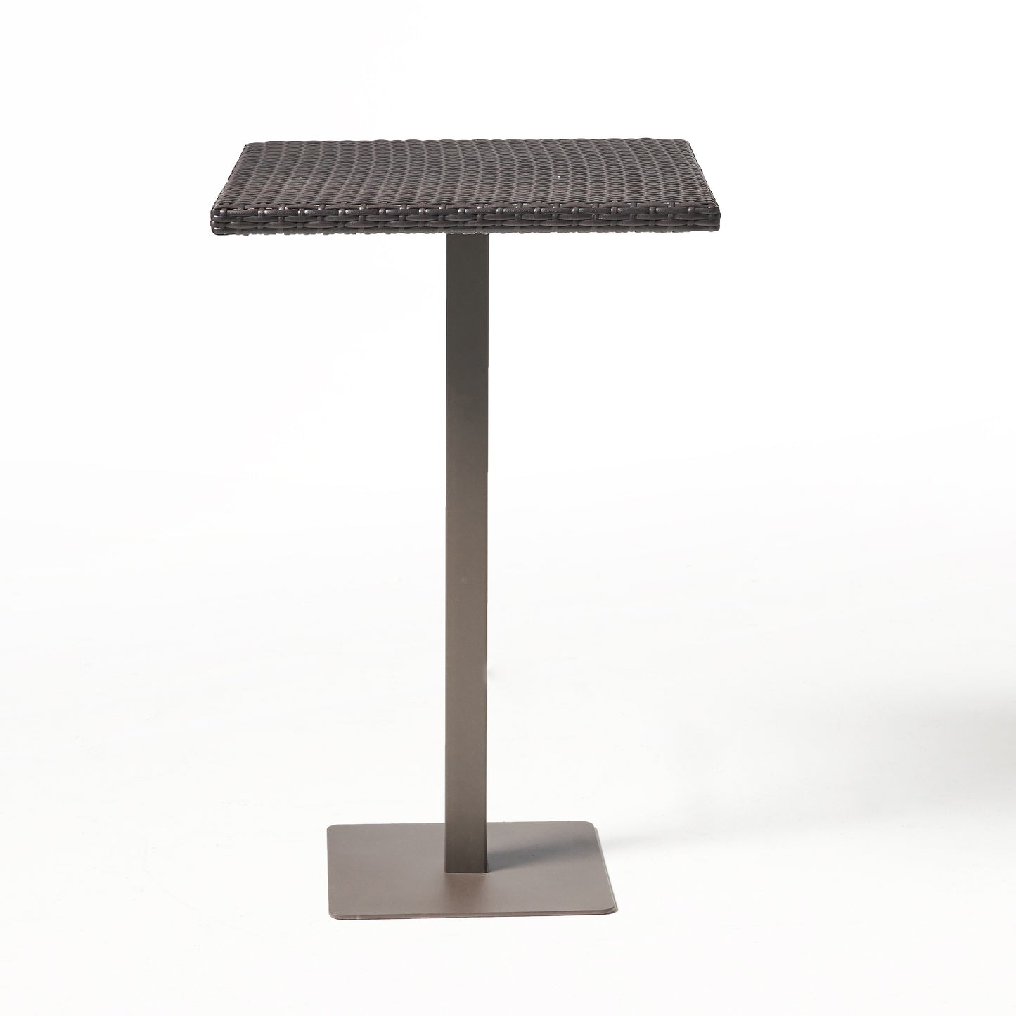 Square brown rattan bar table with dark metal stand