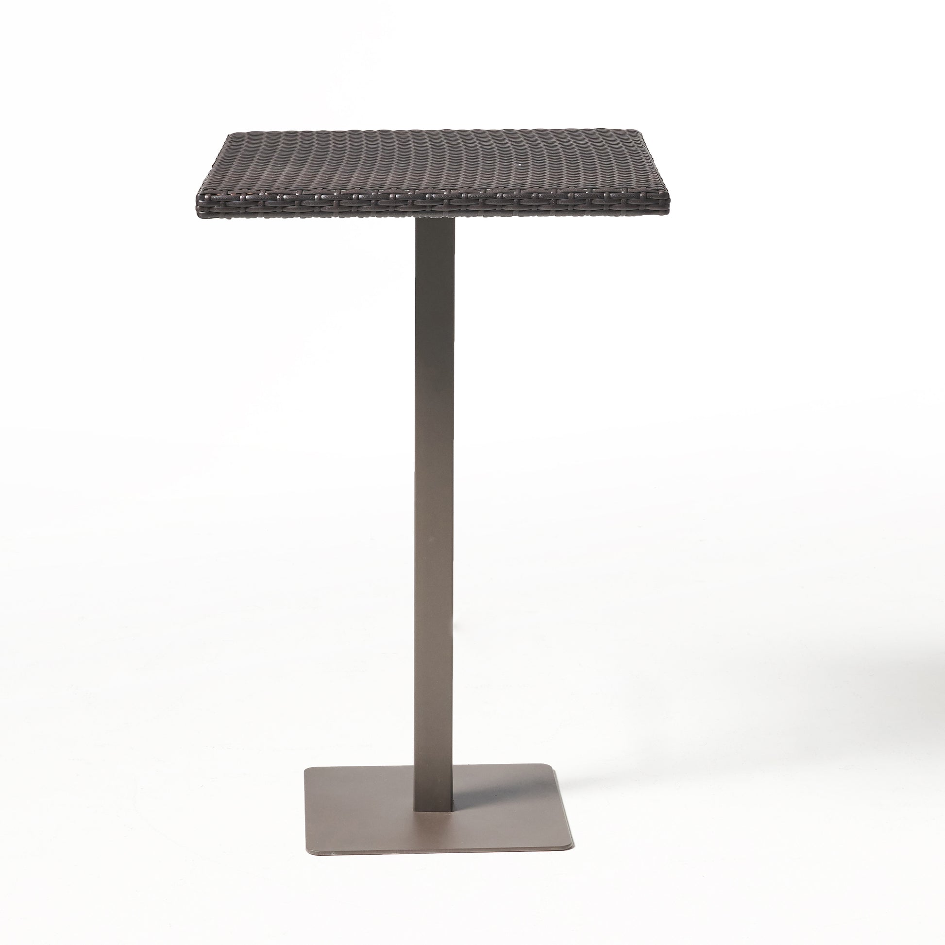 Square brown rattan bar table with dark metal stand