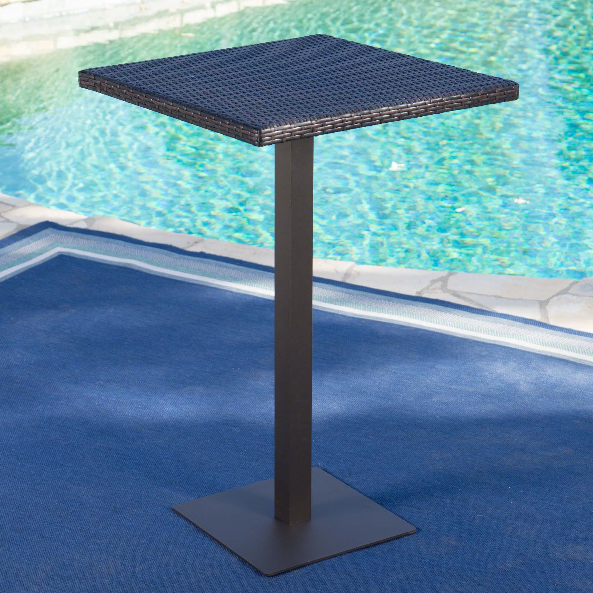 Square outdoor wicker bar table with a dark brown finish