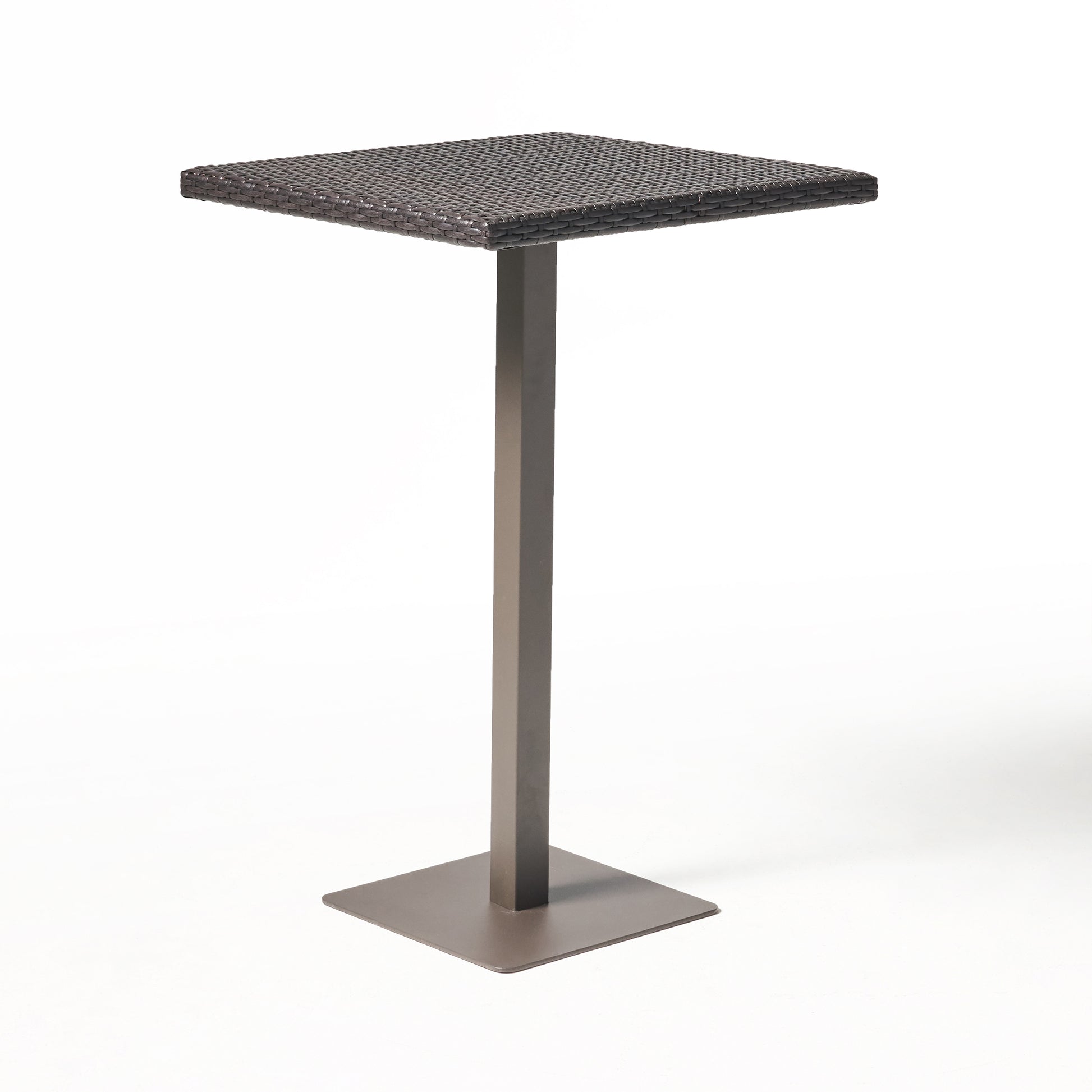Dark brown rattan square bar table with a brushed metal pedestal base