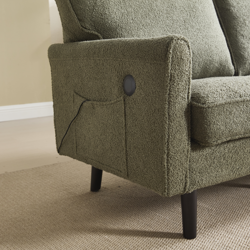 Olive green boucle fabric armchair with builtin USB port and side pocket