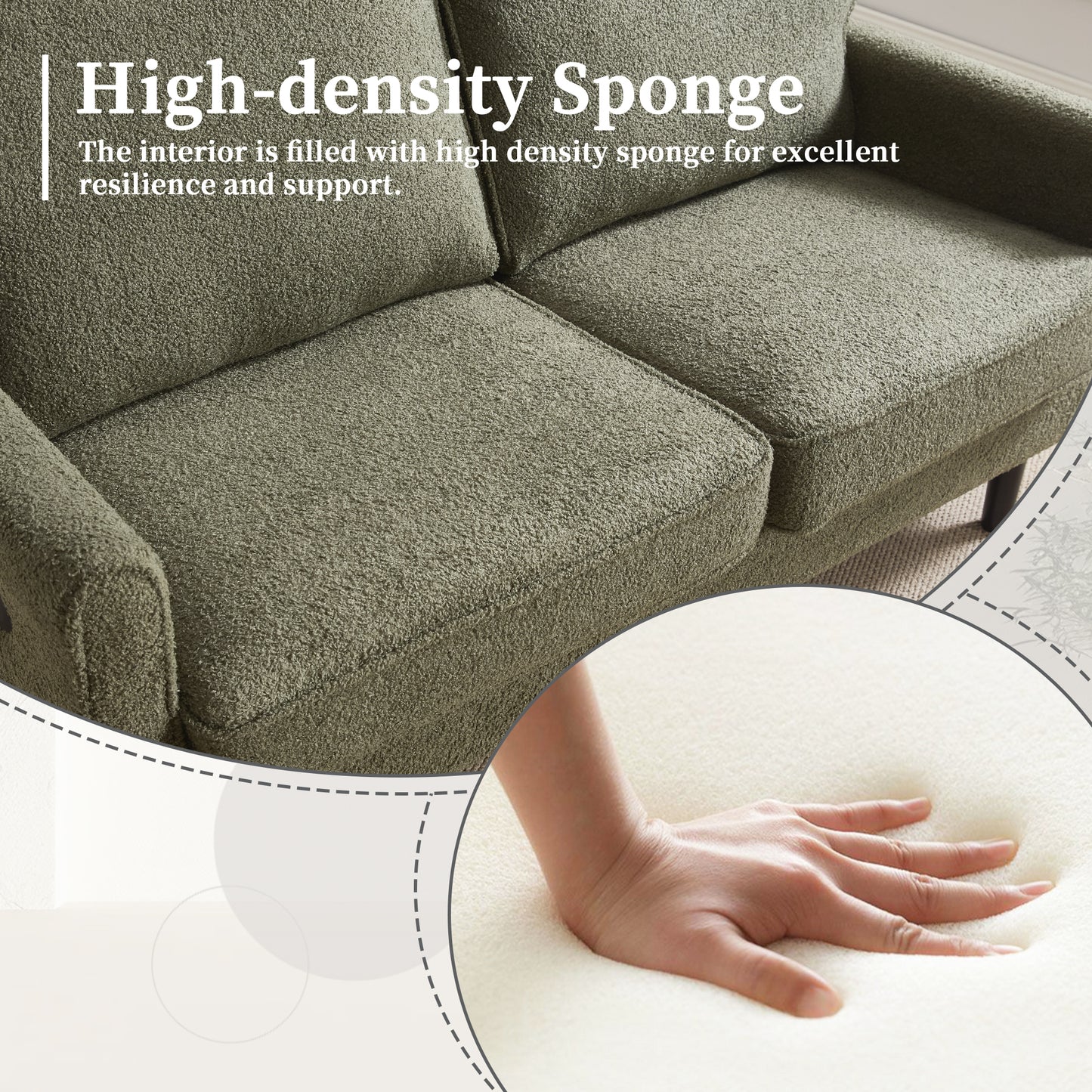Green textured couch featuring highdensity sponge for comfort