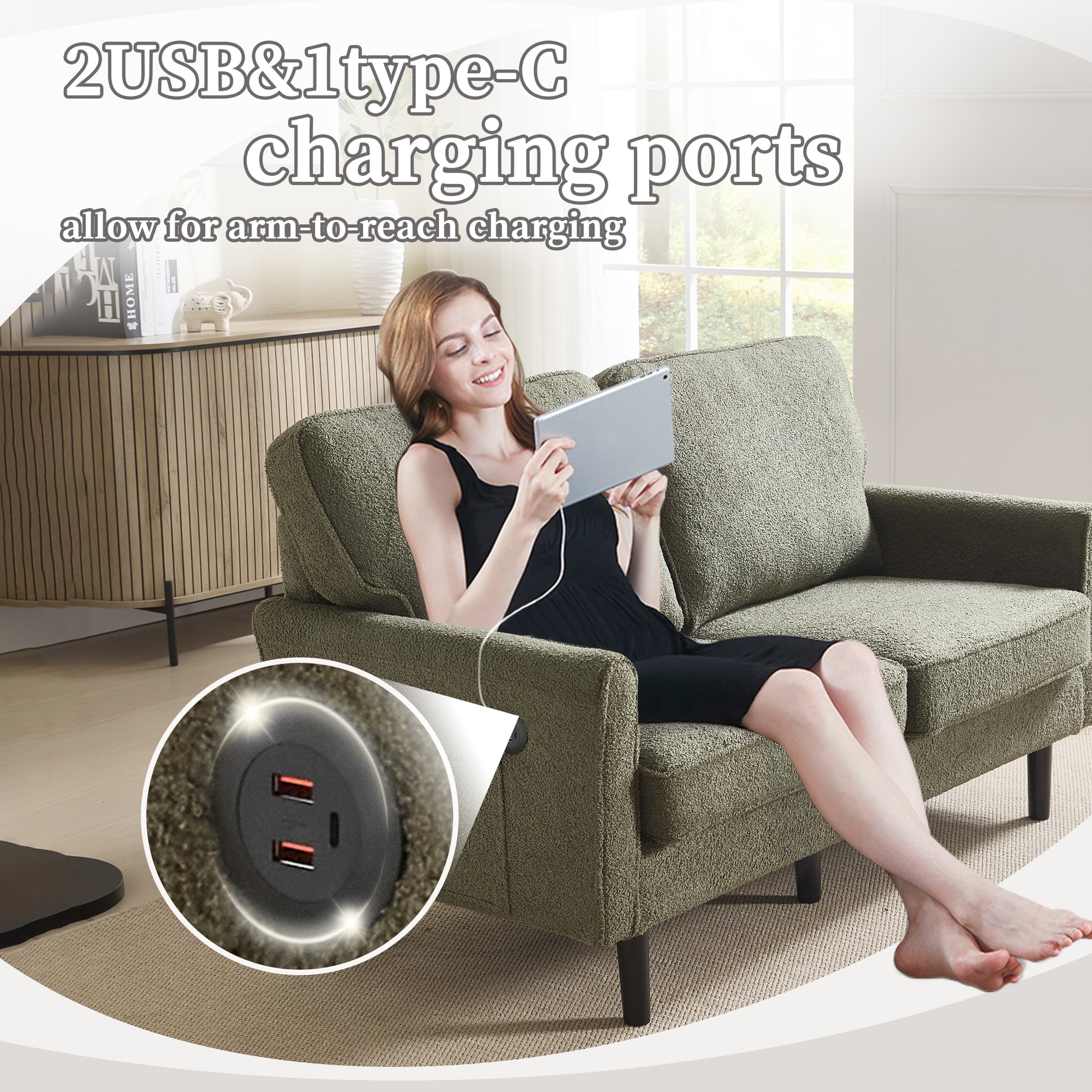 Modern sofa with integrated  USB and  TypeC charging ports for convenient device power