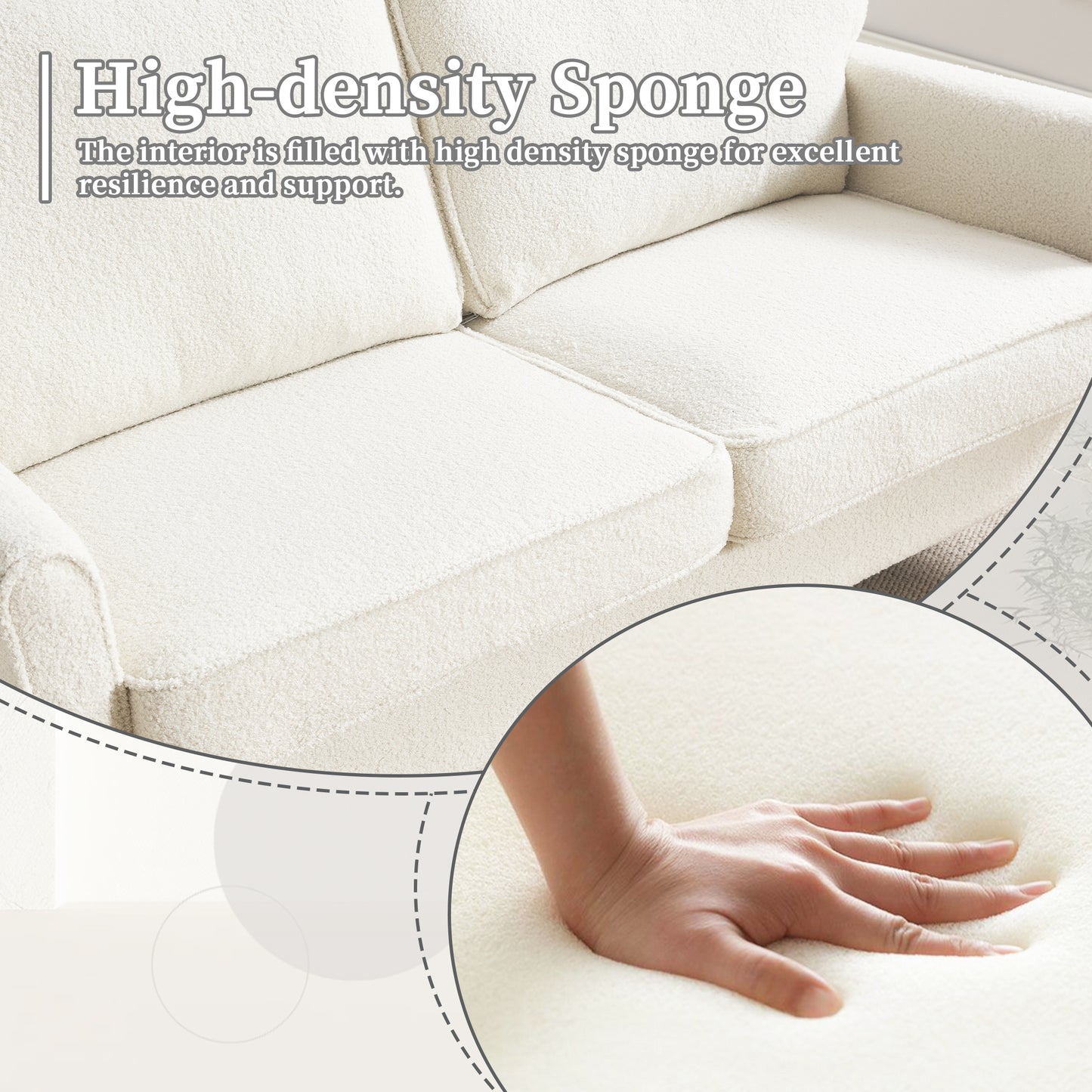 White boucle sofa with deep comfortable cushions and highdensity sponge
