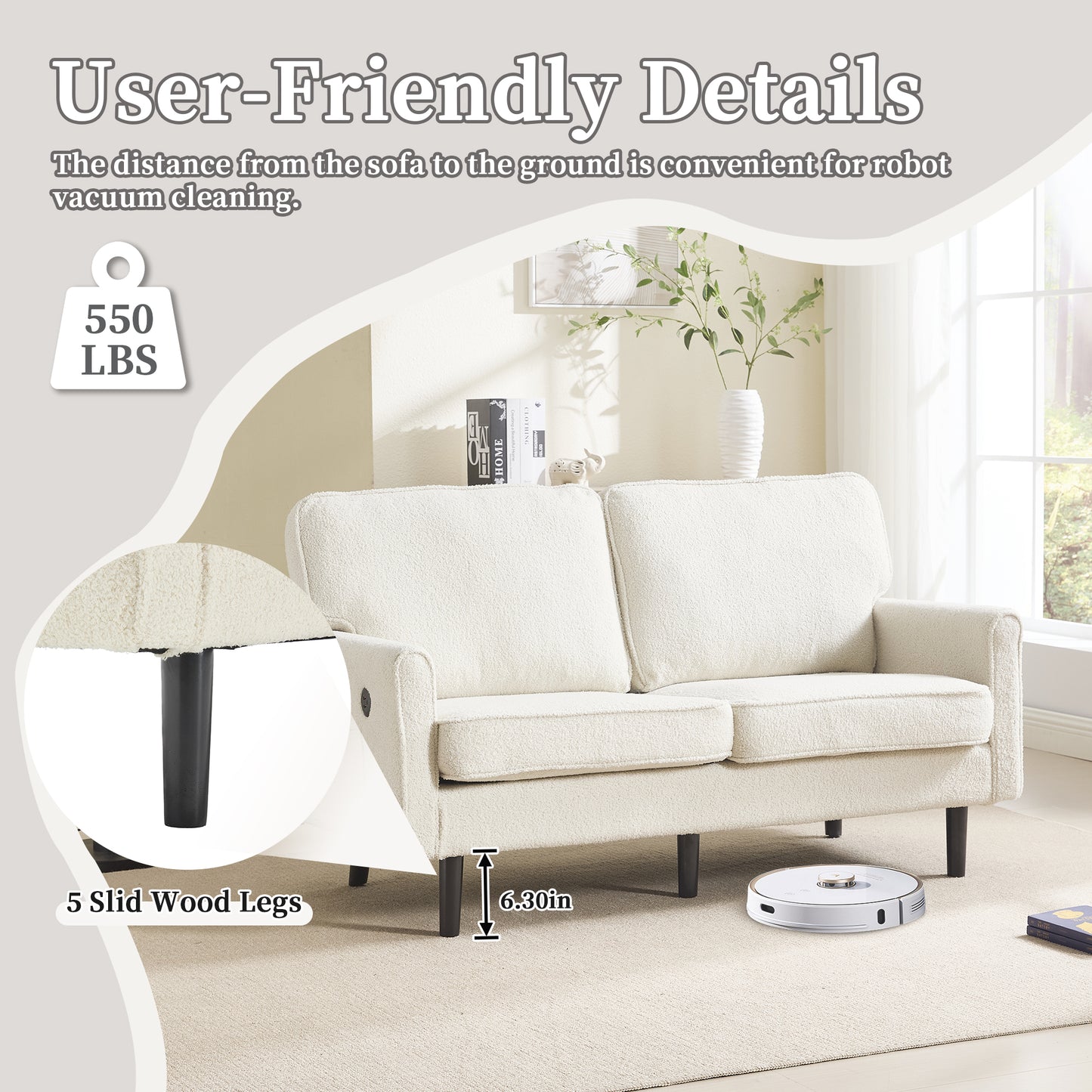 Cream boucle fabric sofa with  sturdy wood legs and  inch clearance for robot vacuums