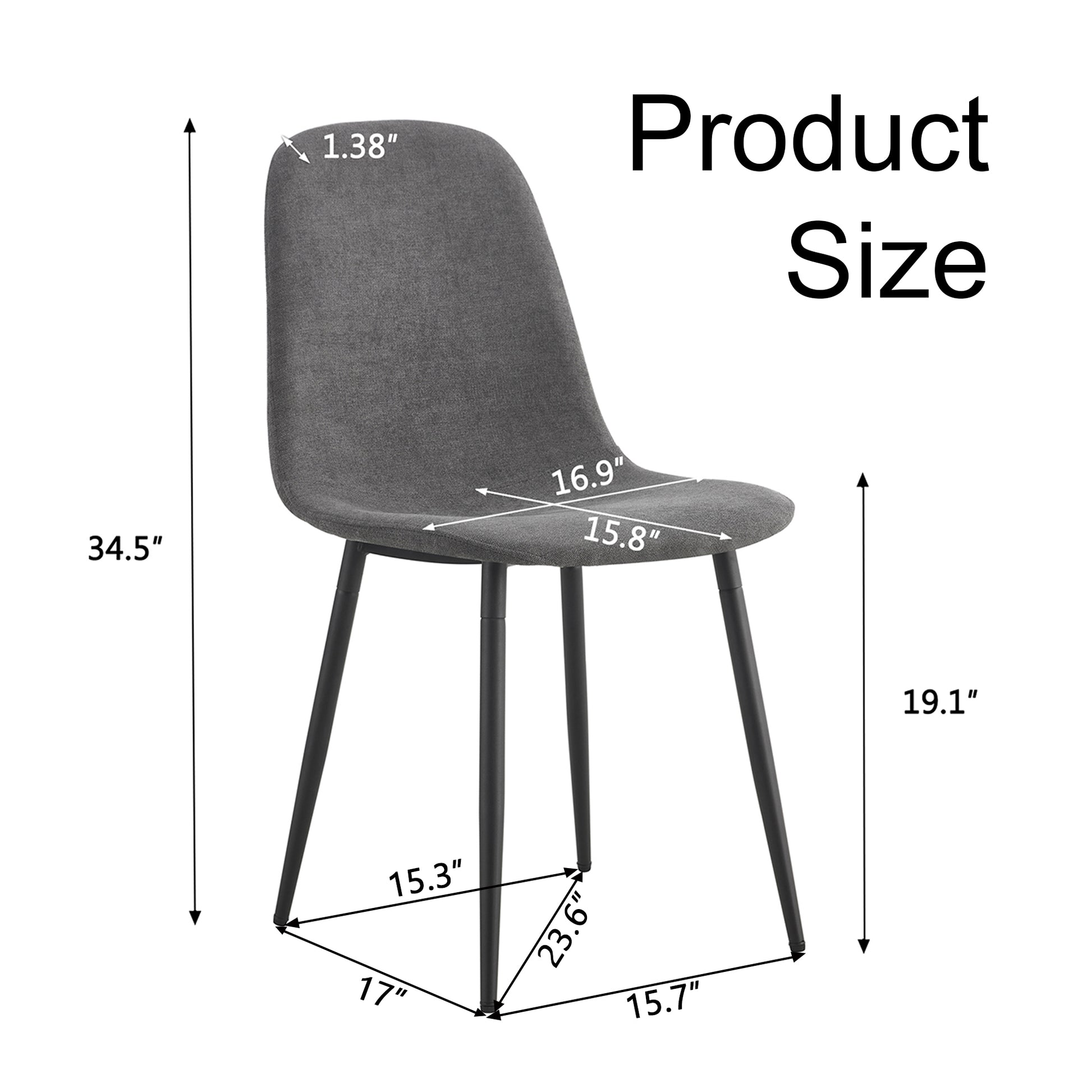 Grey fabric upholstered dining chair with black metal legs  H  W seat