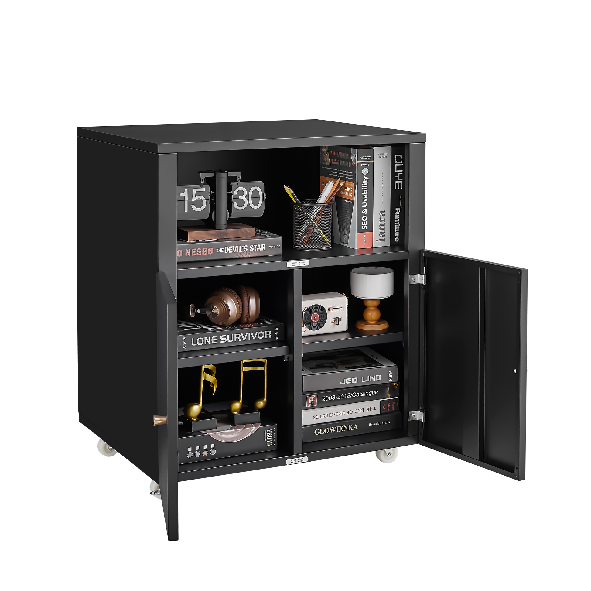 Black metal storage cabinet with flip clock and headphones on top shelf