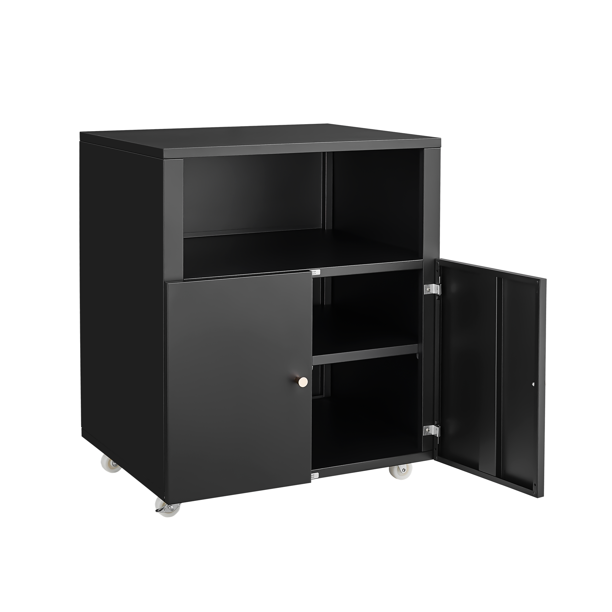 Black metal storage cabinet with two doors and two shelves on wheels