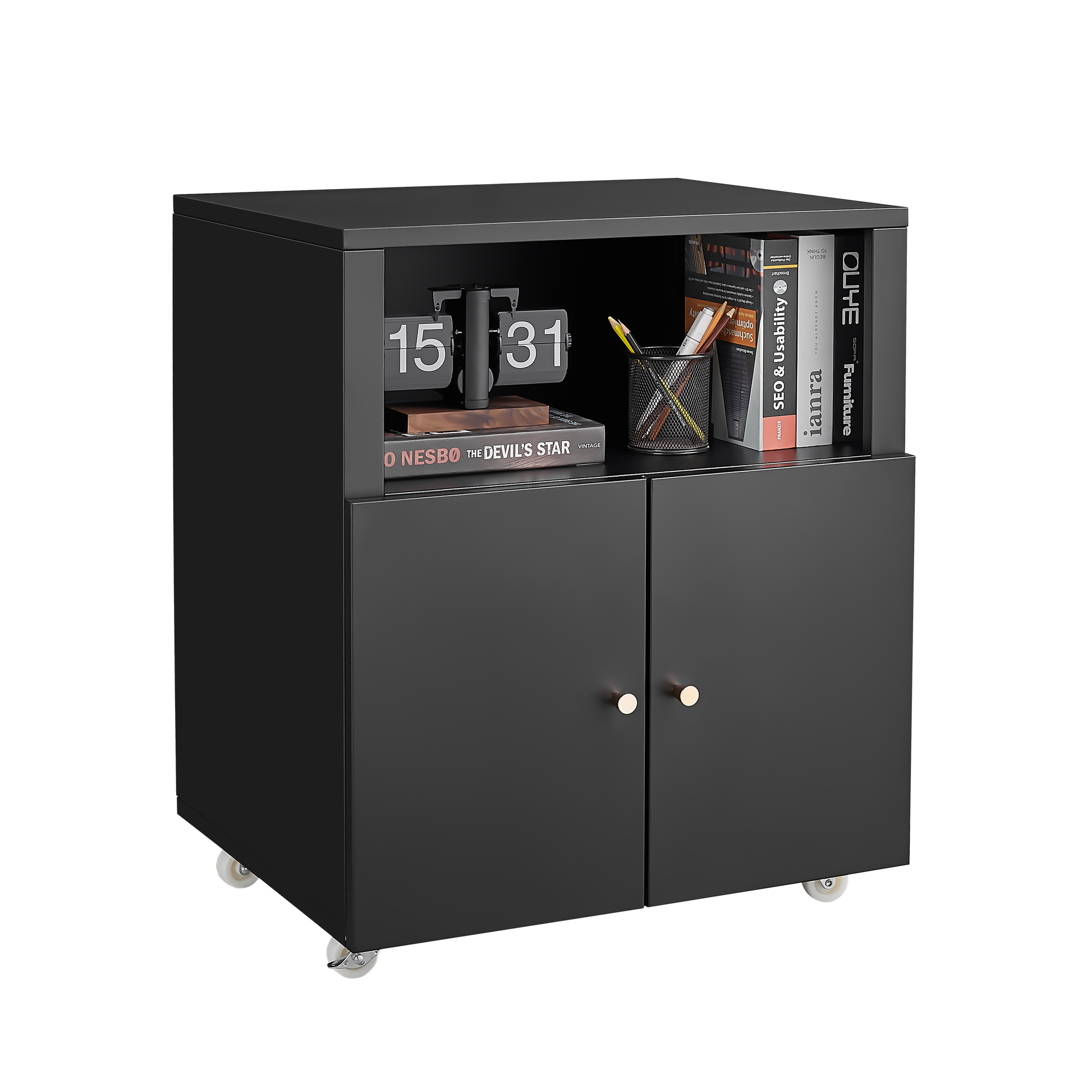 Black modern accent cabinet with flip clock and brass knobs perfect for storage