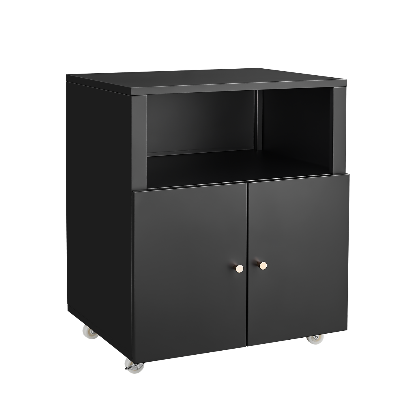 Modern black cabinet with two doors and open shelving perfect for a home office