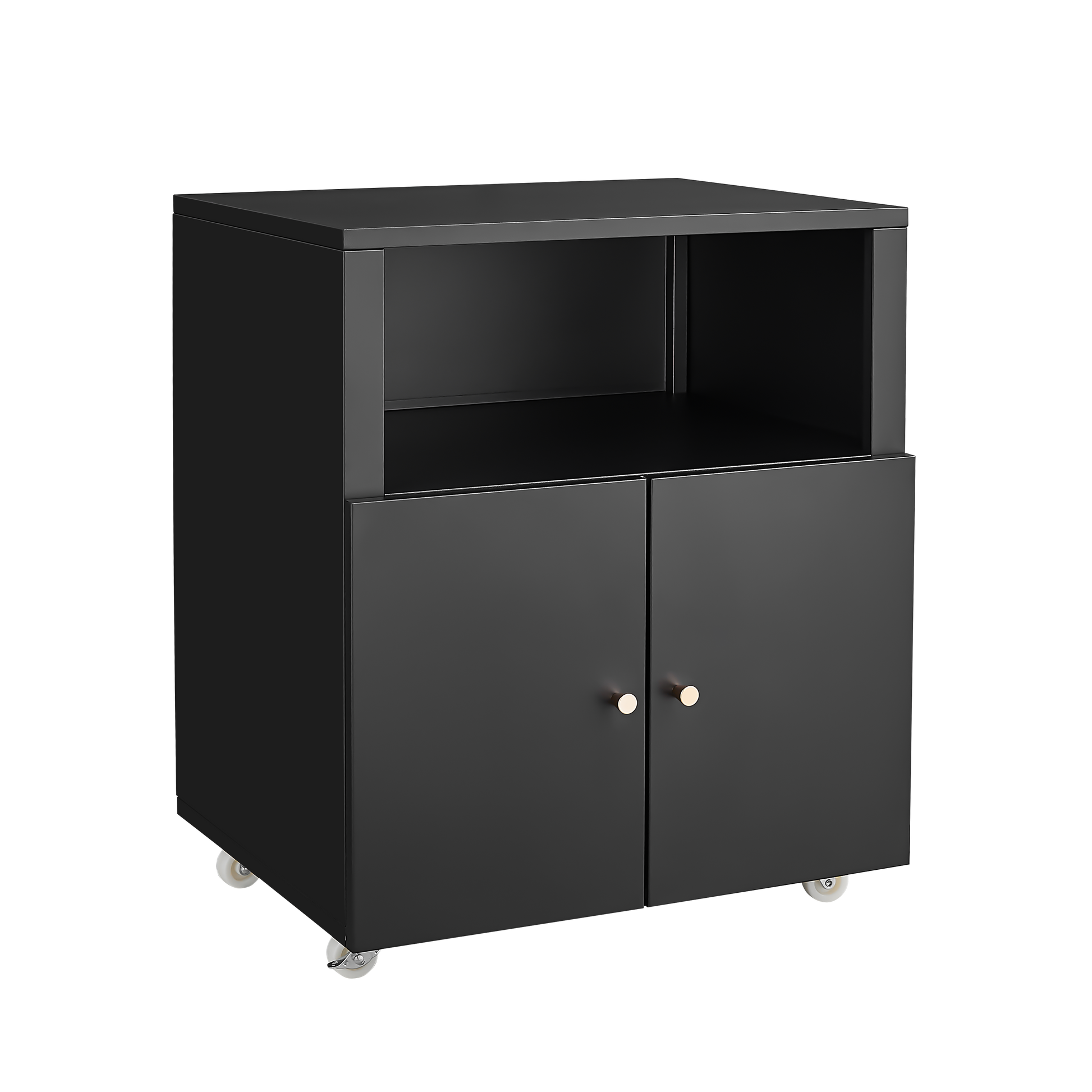 Modern black cabinet with two doors and open shelving perfect for a home office