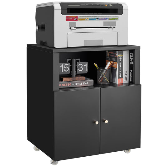 Black metal office cabinet with a white and gray printer and books