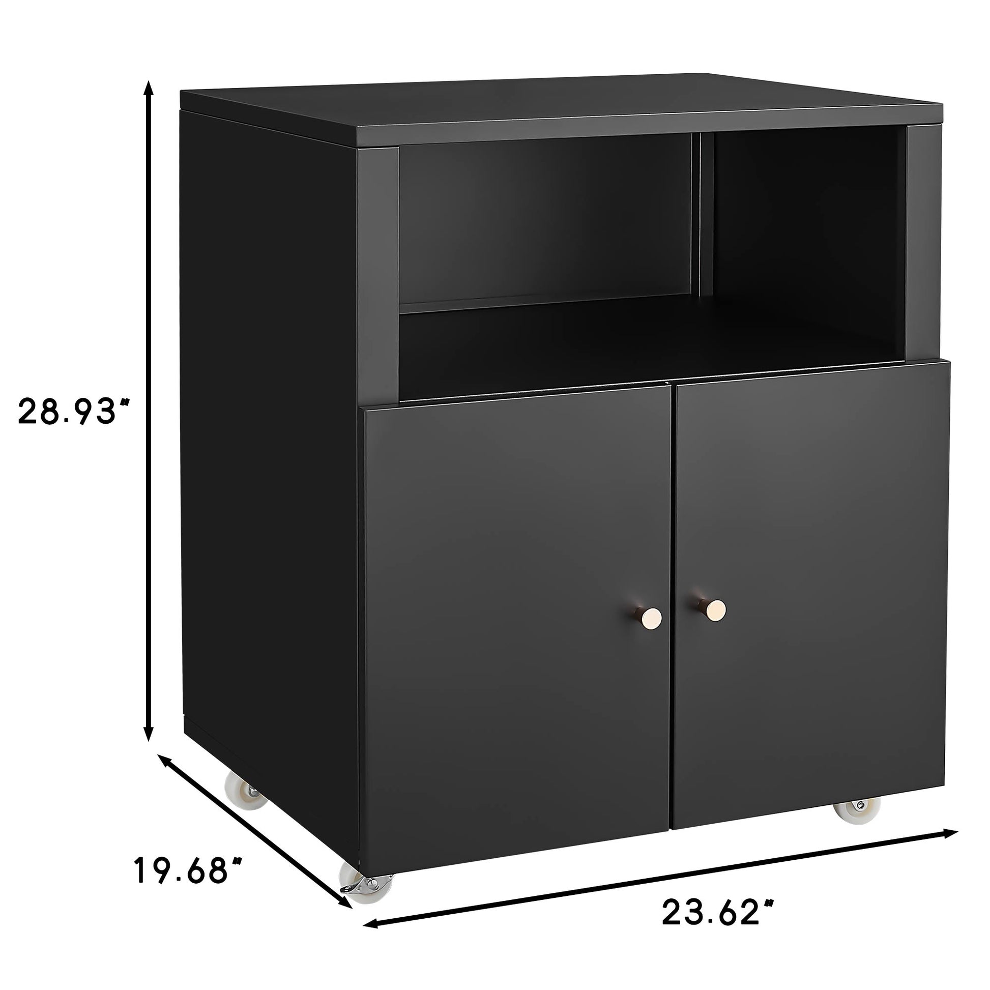 Black metal storage cabinet with two doors and open shelf on wheels