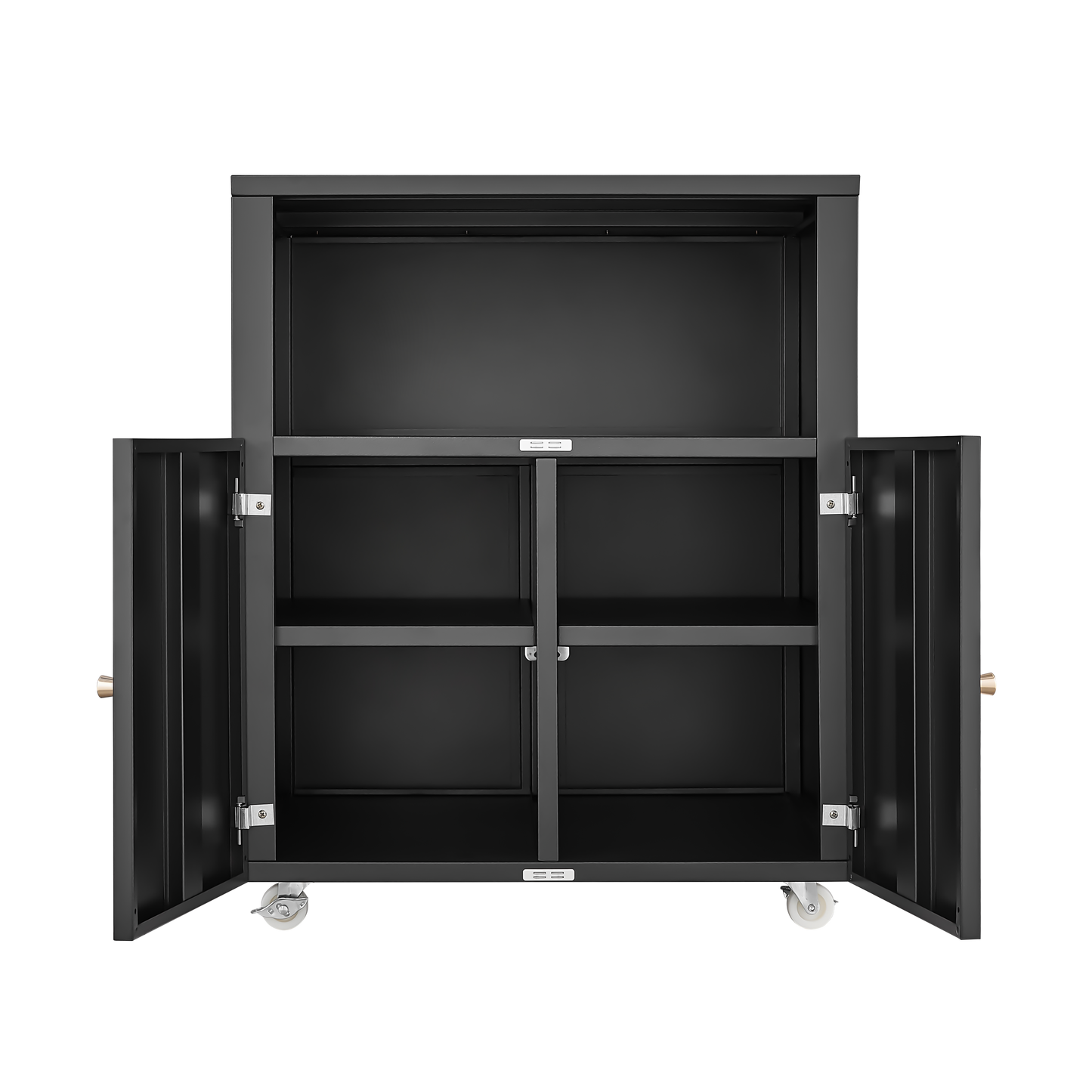 Open black metal utility cabinet with four shelves and caster wheels