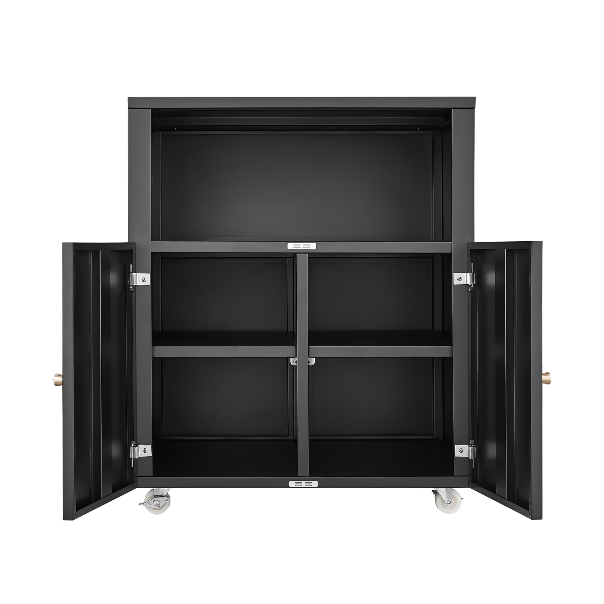 Open black metal utility cabinet with four shelves and caster wheels