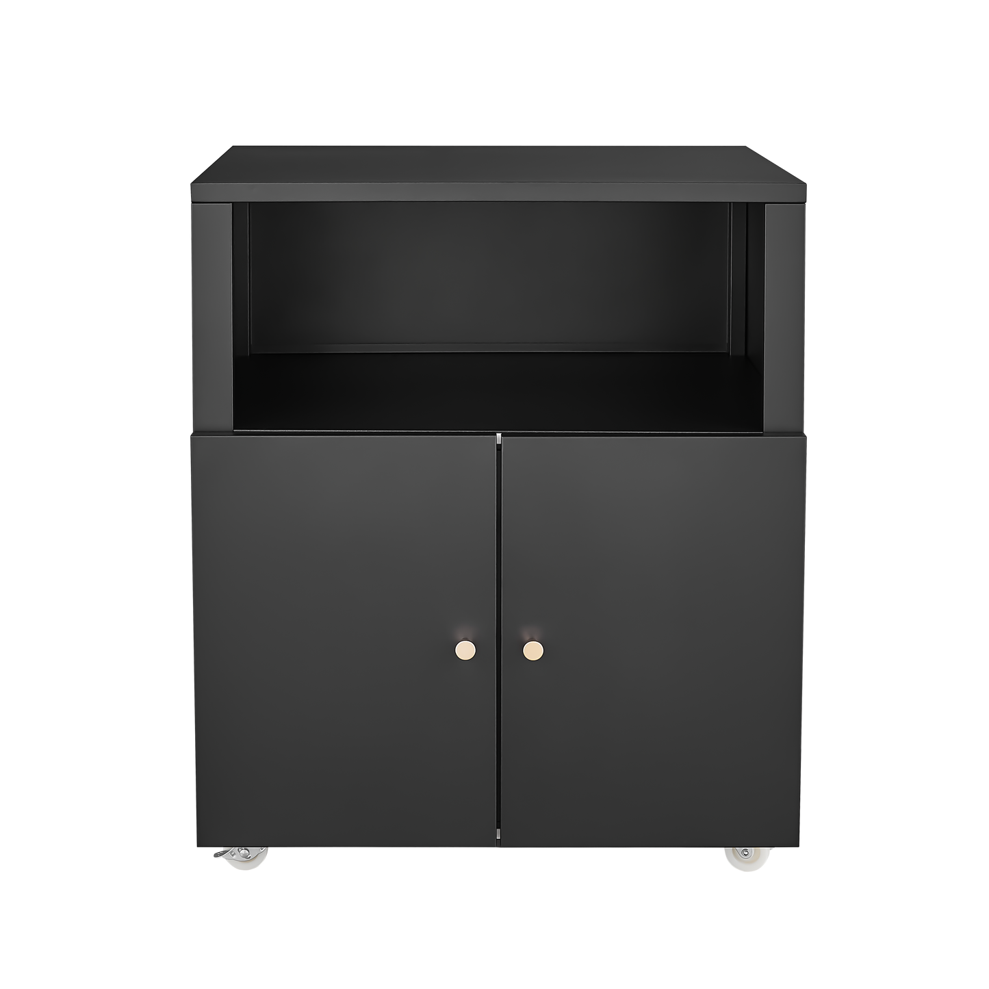 Modern black metal storage cabinet with two doors and an open shelf on wheels