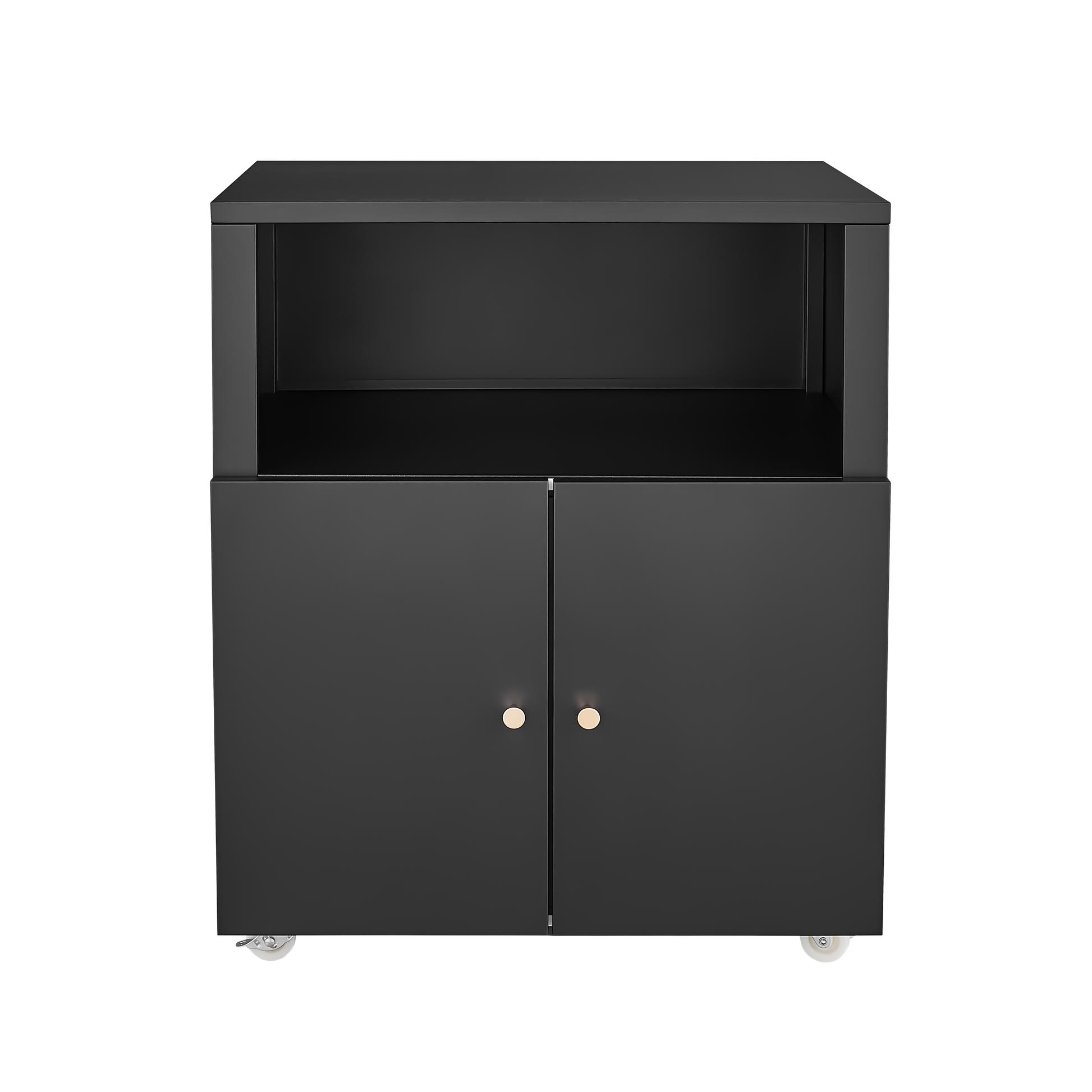 Modern black metal storage cabinet with two doors and an open shelf on wheels