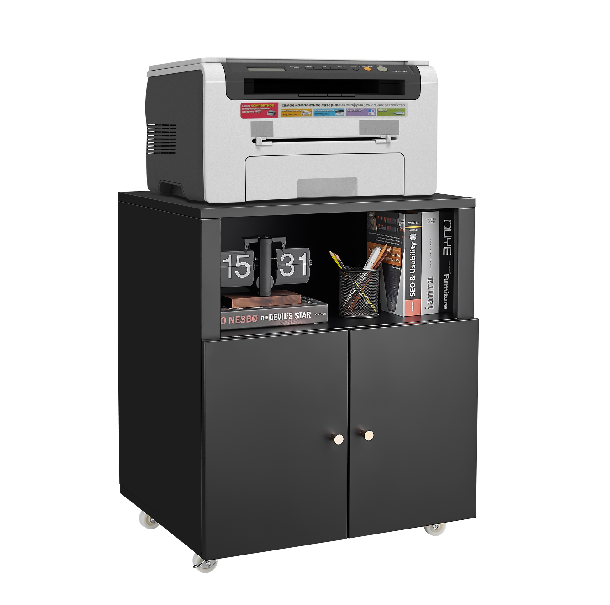 Compact black office cabinet with wheels featuring a flip clock and printer on top