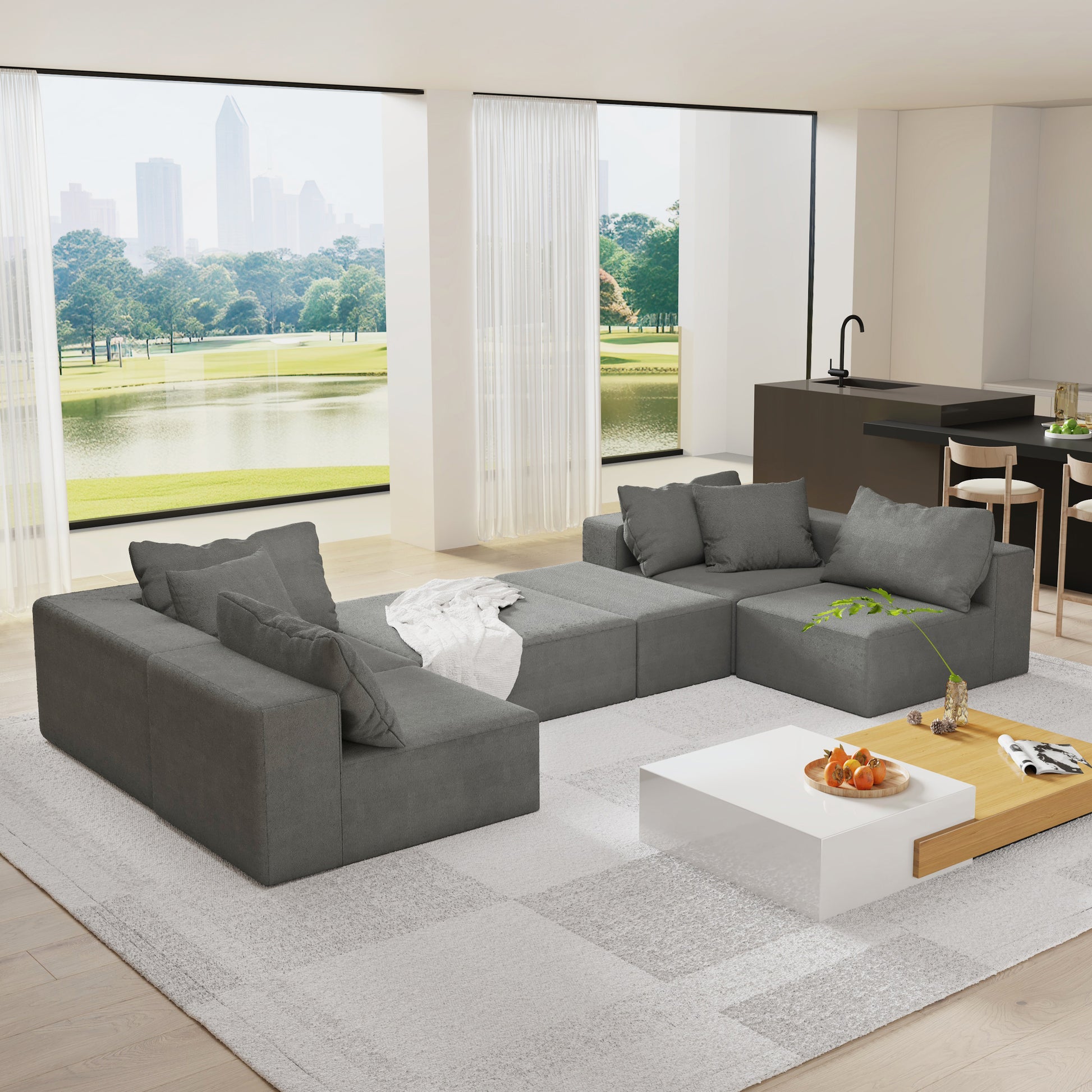 Modular gray sectional sofa with plush fabric and contemporary design
