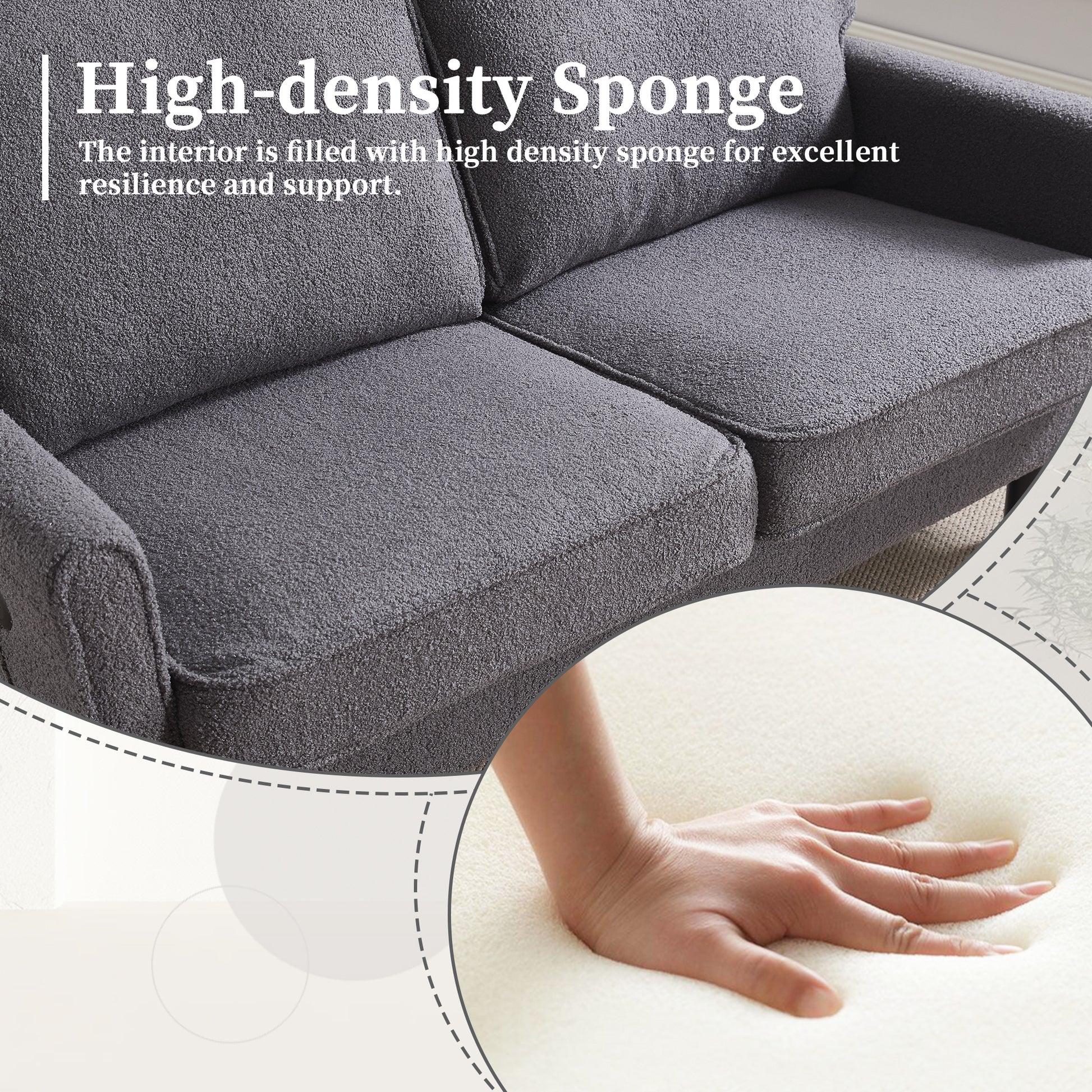 Closeup of a plush grey sofa with highdensity sponge cushioning for comfort