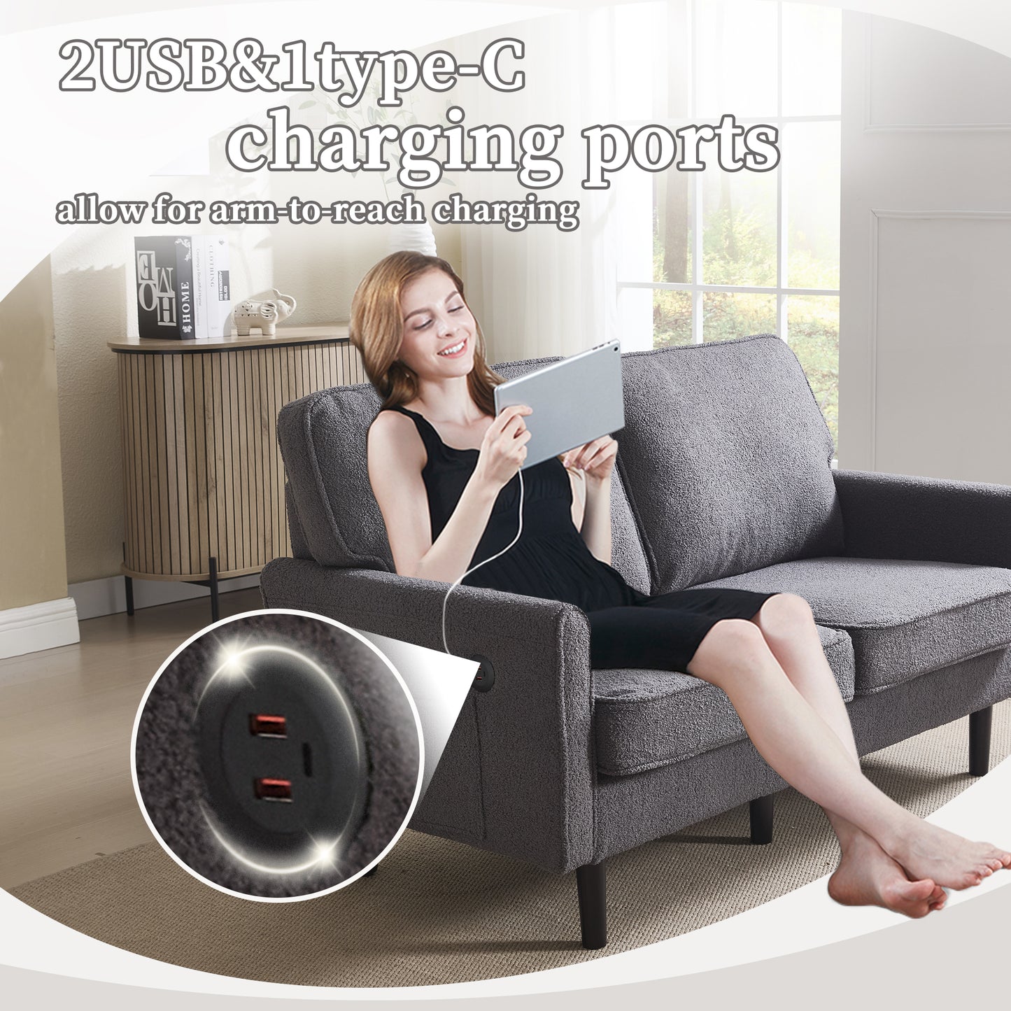 Gray loveseat with builtin  USB and  TypeC charging ports for convenient device charging