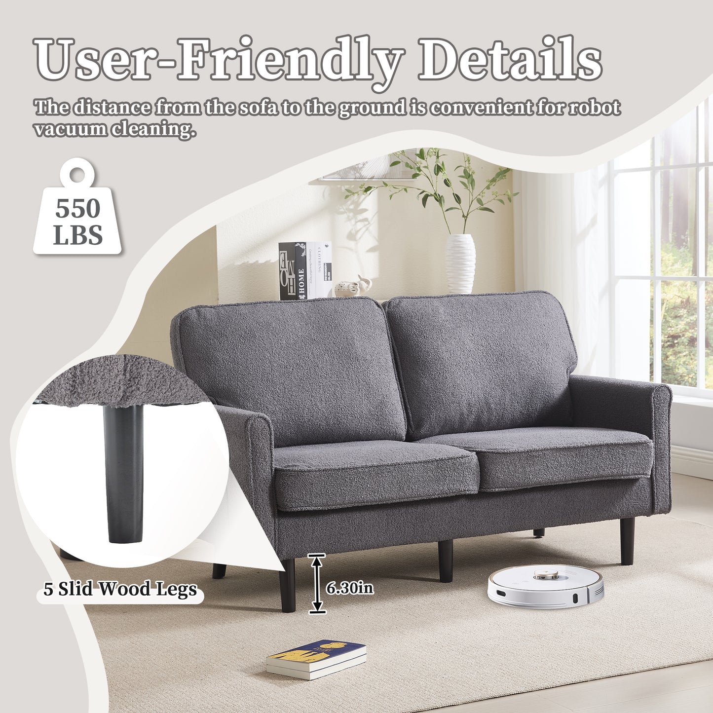 Gray textured fabric sofa with  inch clearance for easy robot vacuum cleaning