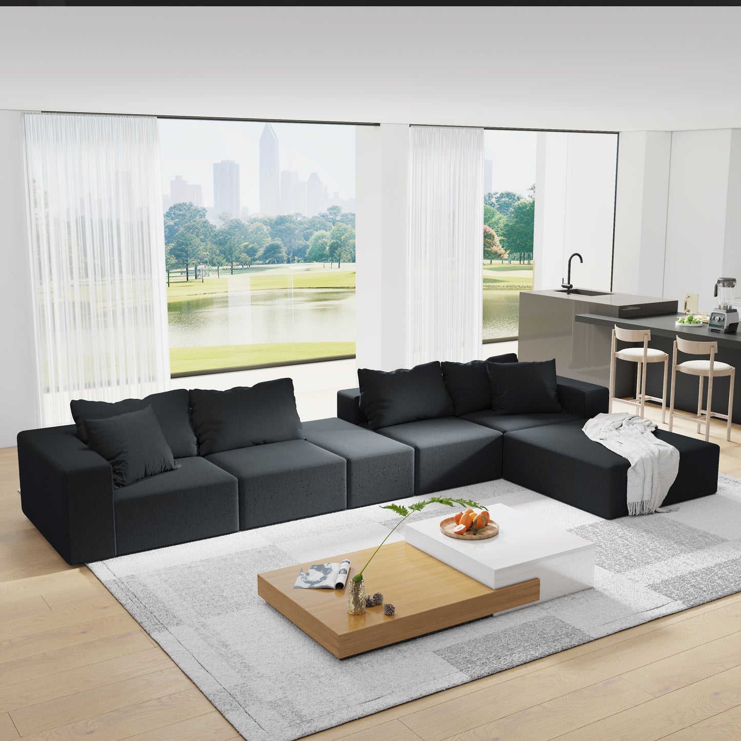 Dark grey sectional sofa with plush cushions and an Lshaped configuration
