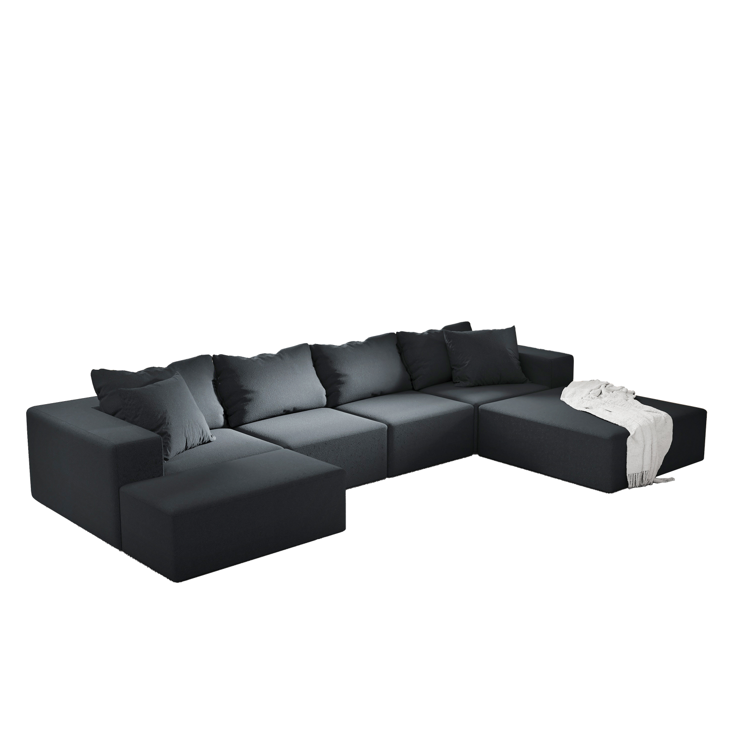 Modular dark grey fabric sectional sofa with plush cushions and ottoman