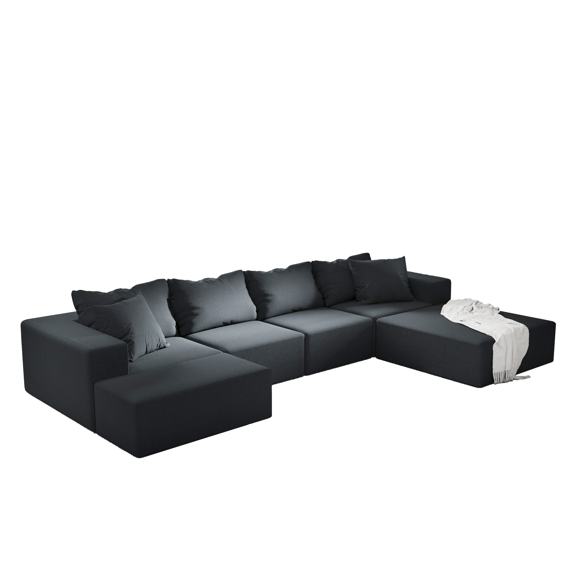 Modular dark grey fabric sectional sofa with plush cushions and ottoman