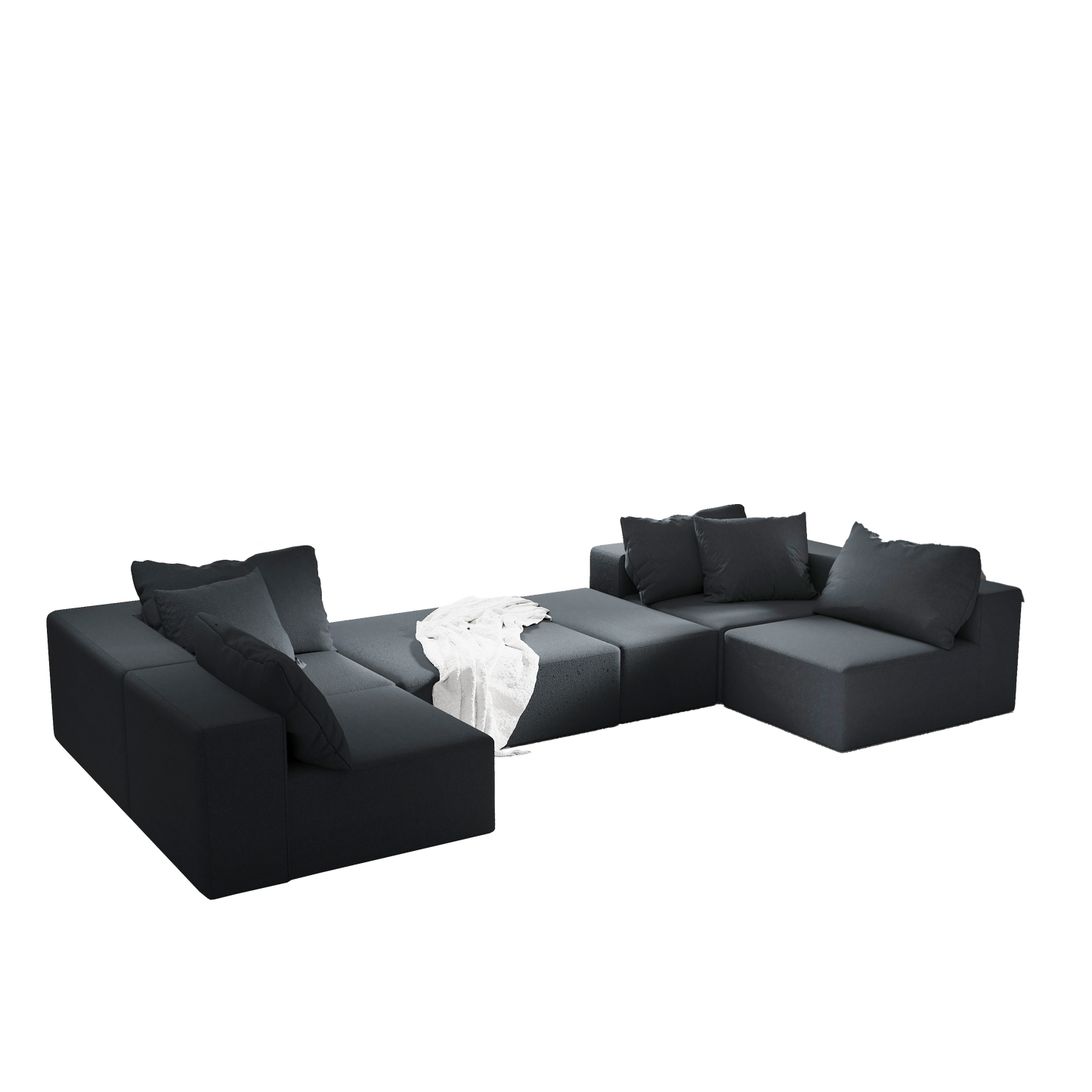 Deep charcoal modular sectional sofa with plush cushions and a textured fabric finish