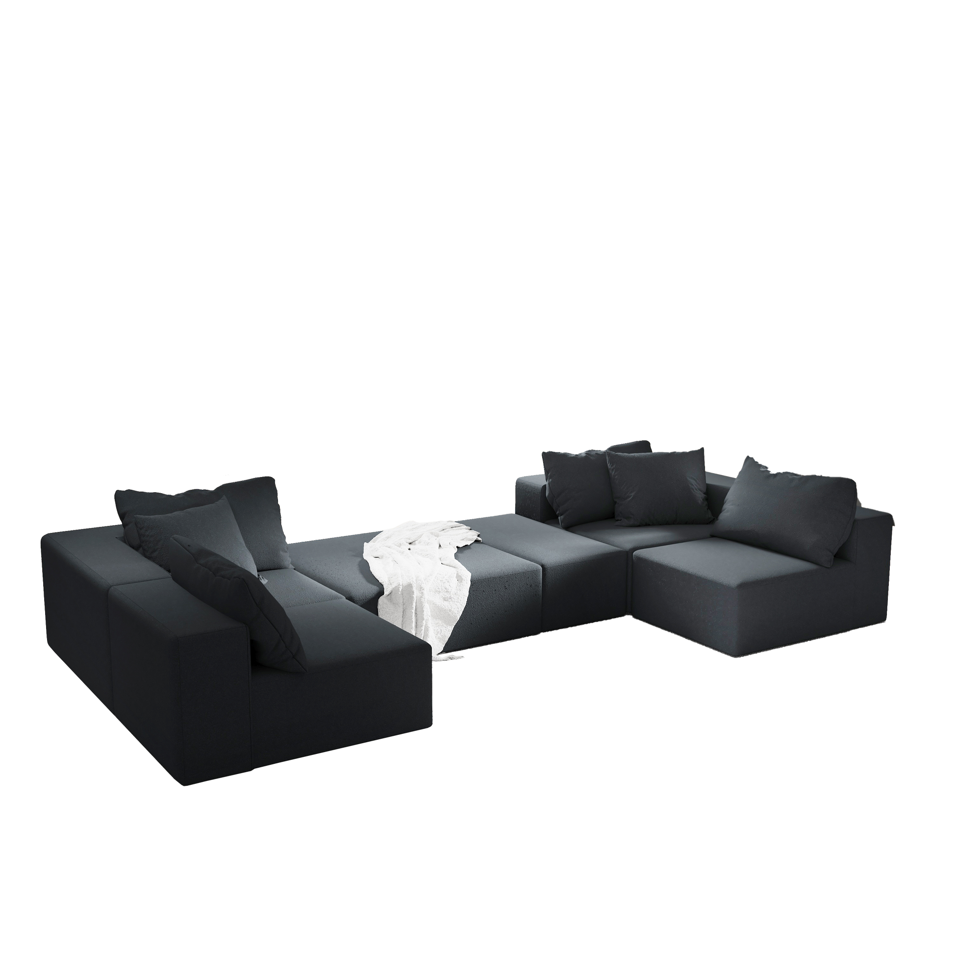Deep charcoal modular sectional sofa with plush cushions and a textured fabric finish