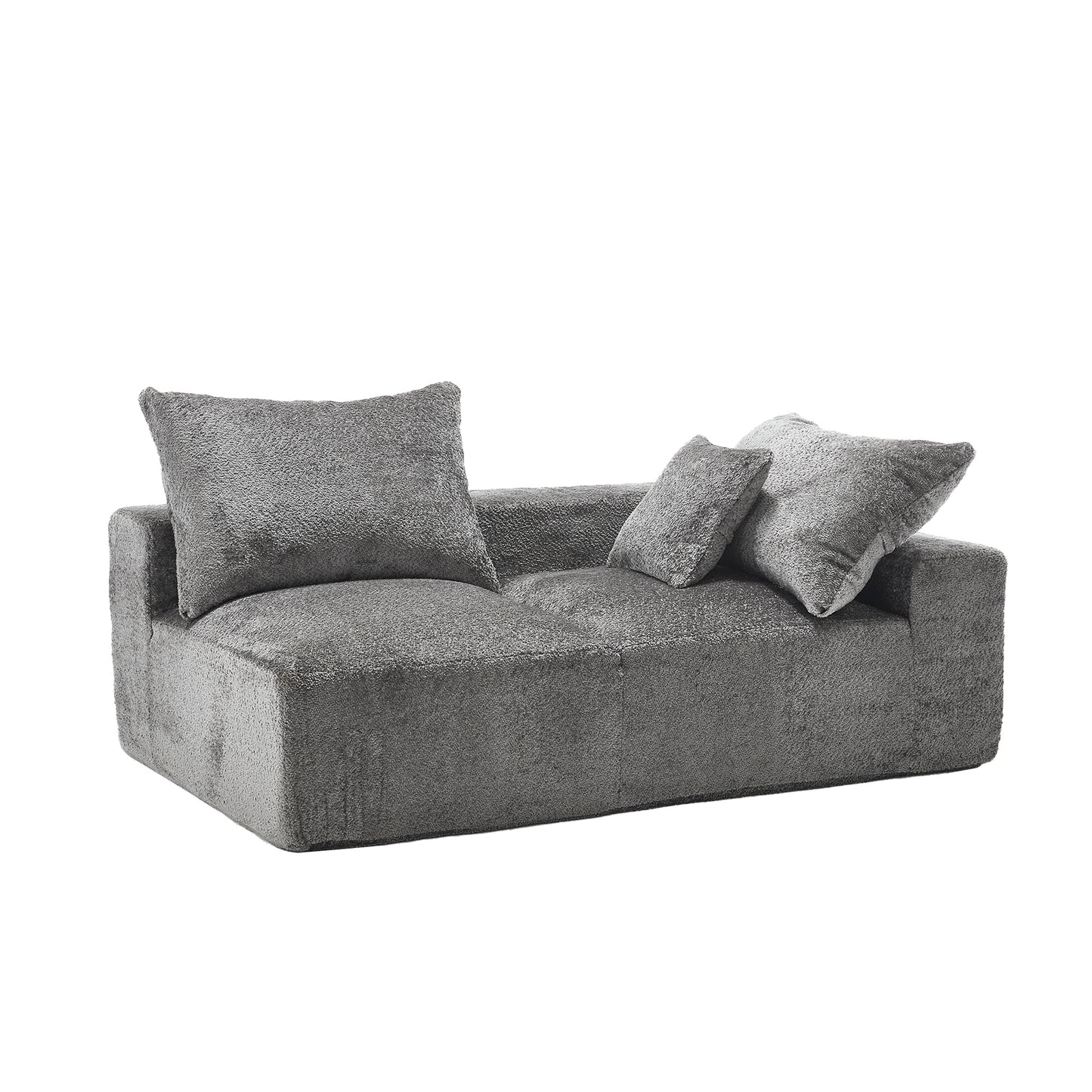 Plush grey modern sofa with textured fabric and two accent pillows