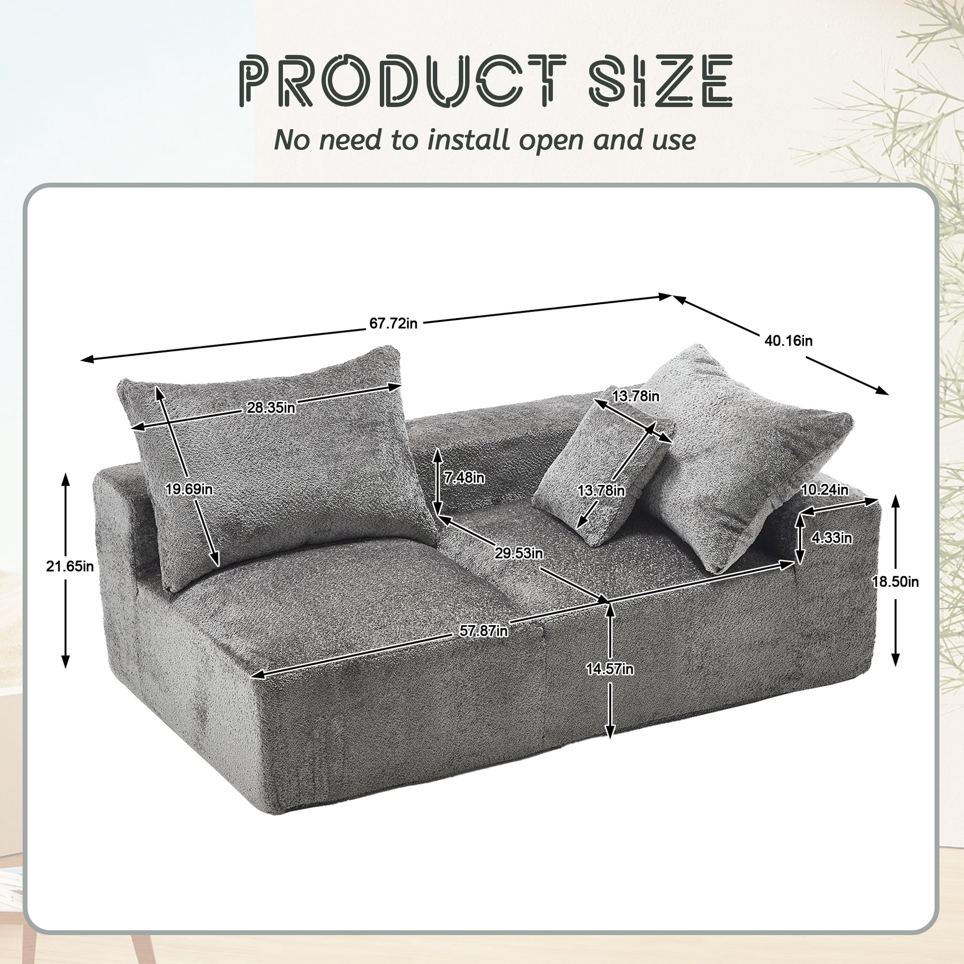 Plush grey modular sectional sofa with matching throw pillows  inches wide