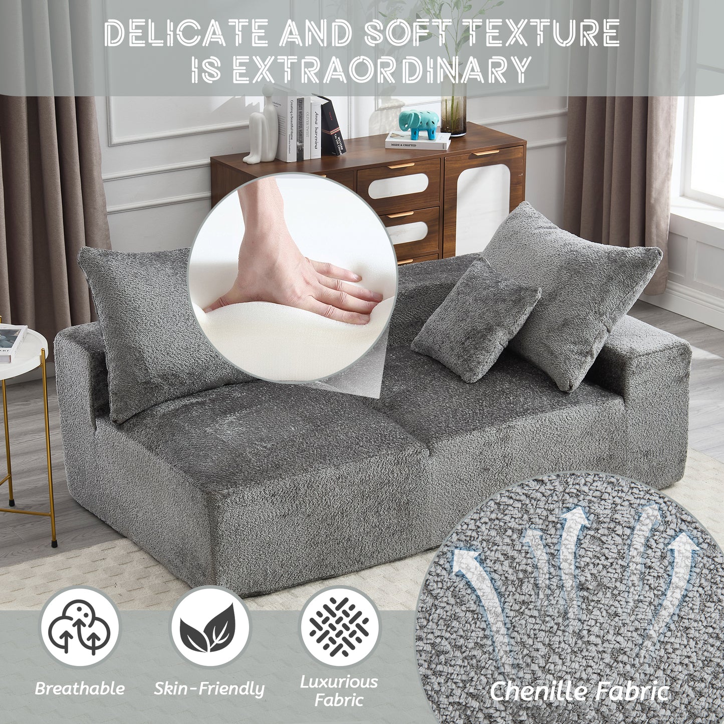 Grey chenille fabric modular sofa with plush pillows showing soft texture and breathability