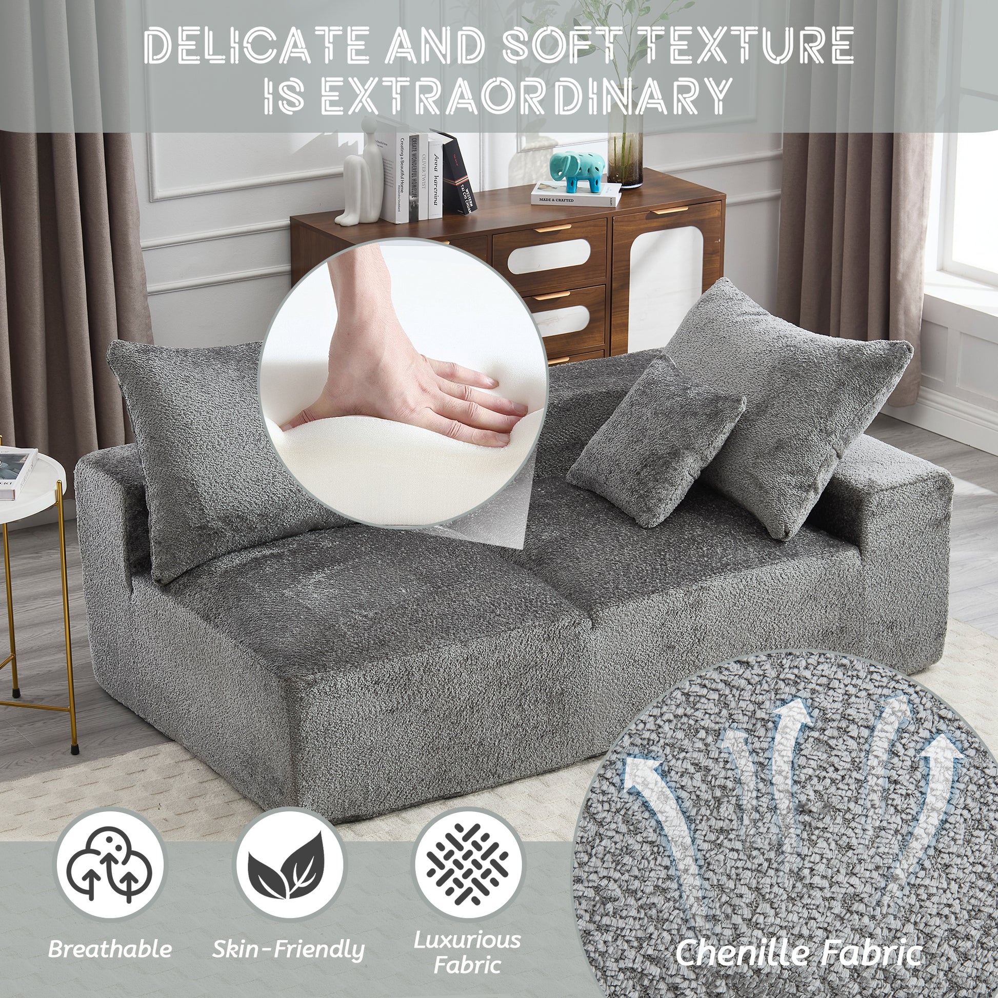 Grey chenille fabric modular sofa with plush pillows showing soft texture and breathability